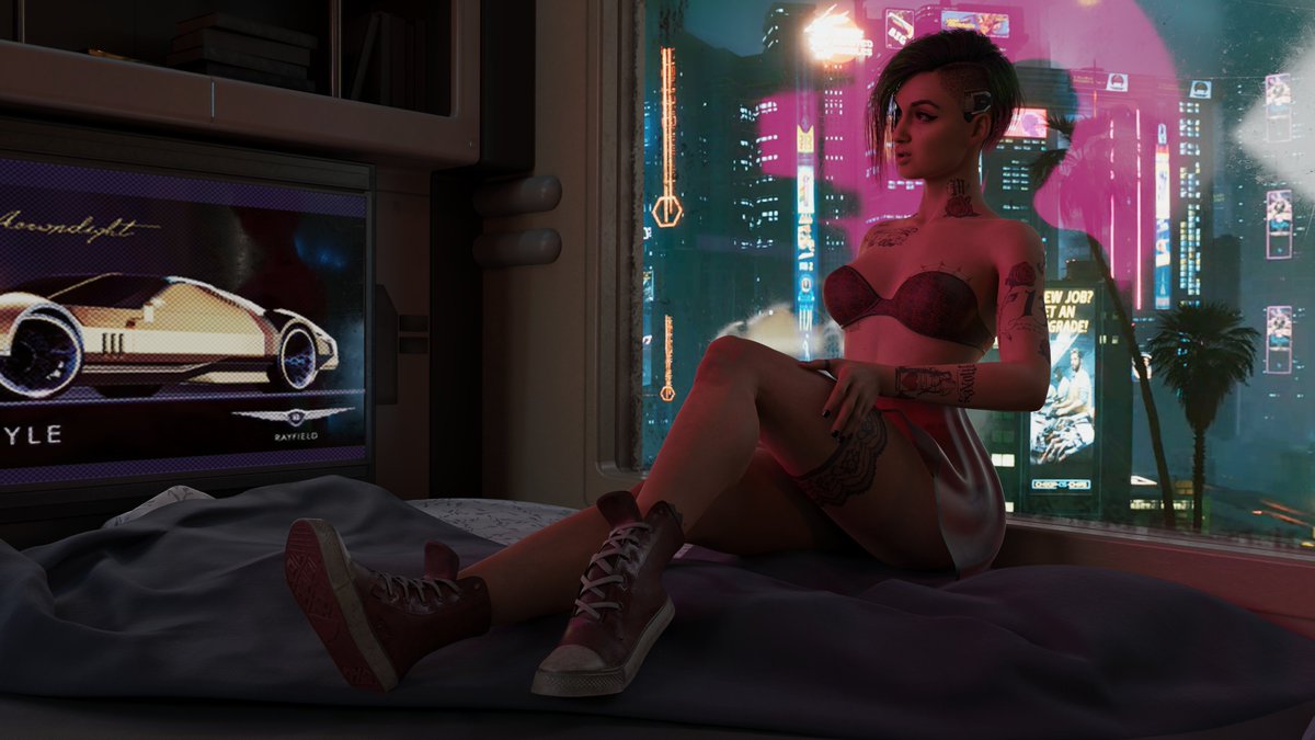 3d beddetective bedroom bra cyberpunk_2077 green_hair judy_alvarez shoes sidecut sitting_on_bed skirt tagme tattoos window