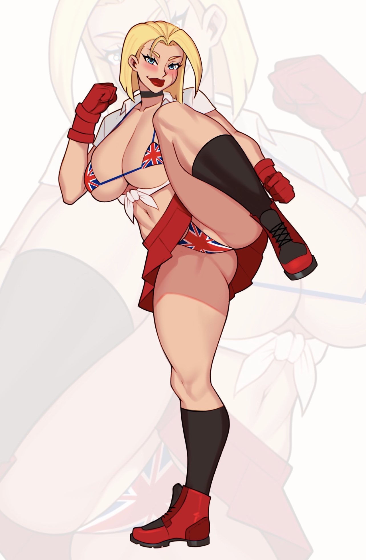 1girls 2024 bikini bikini_under_clothes blonde_hair breasts cammy_white capcom choker cleavage female female_focus female_only flag_bikini full_body jakuson_z looking_at_viewer panties school_uniform semi_nude short_hair skirt smile solo source_request spread_legs standing_on_one_leg street_fighter swimsuit thick_thighs thighs uniform_sex union_jack union_jack_bikini