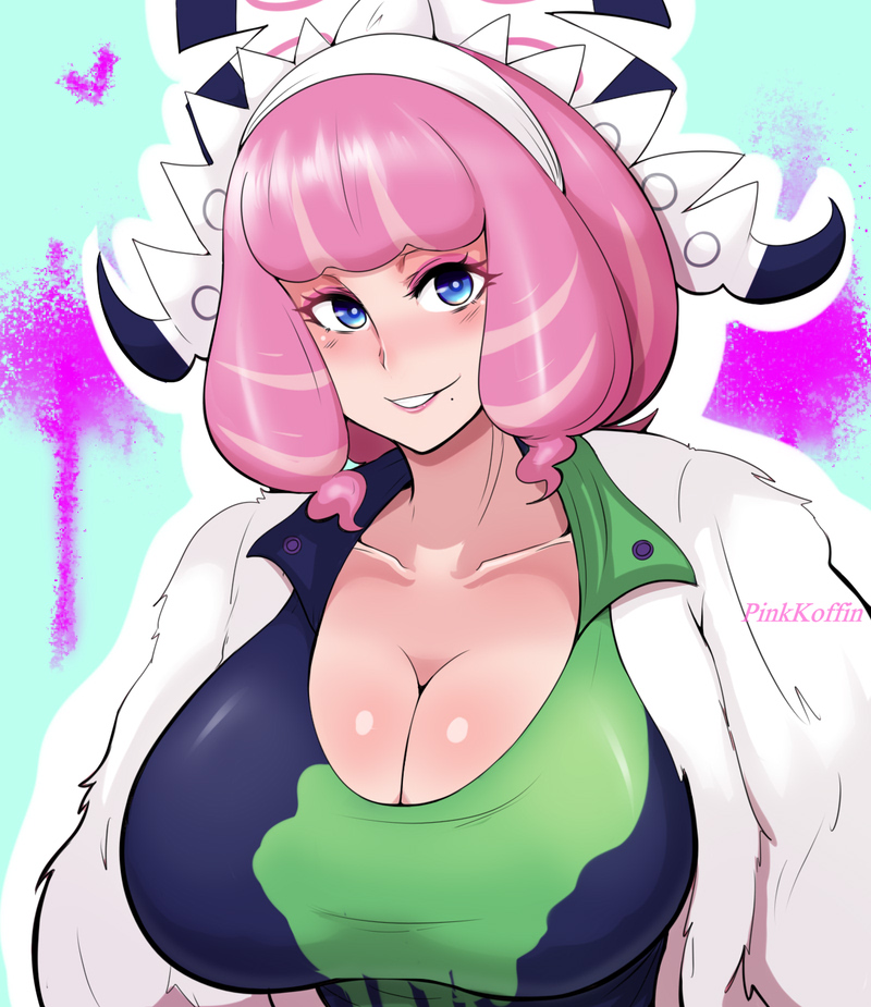 1girls, alternate breast size, blue eyes, breasts, curly hair, eye contact, female, female only, human, klara (pokemon), large breasts, looking at viewer, nintendo, nipples, nipples visible through clothing, pink hair, pinkkoffin, pokemon, pokemon ss, pokemon ss isle of armor, pokemon trainer, short hair, solo, text, watermark