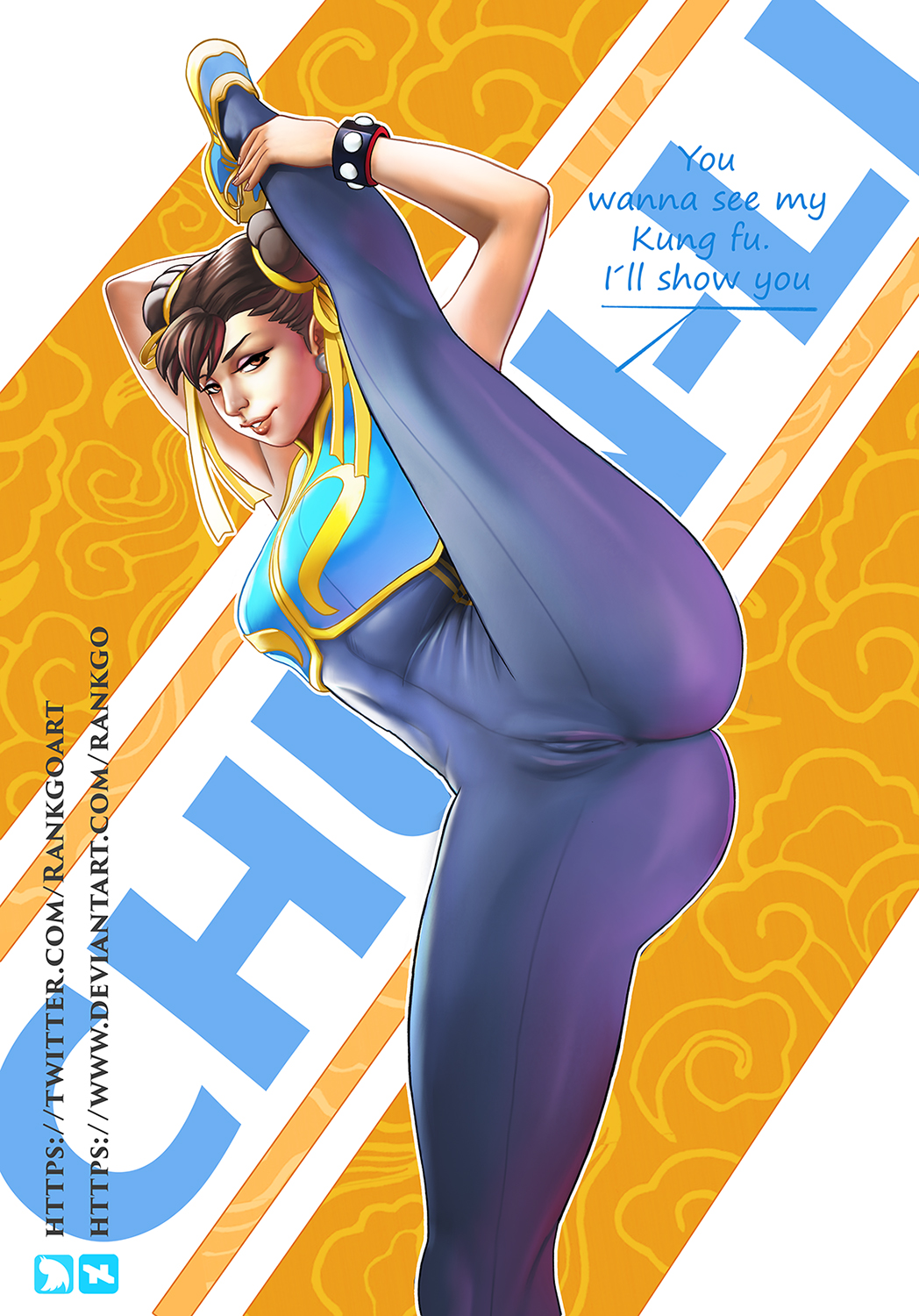 big_breasts bodysuit cameltoe chun-li female female_only mature_female nipples nipples_visible_through_clothing pussy_visible_through_clothes rankgo skin_tight solo solo_female solo_focus street_fighter stretching text