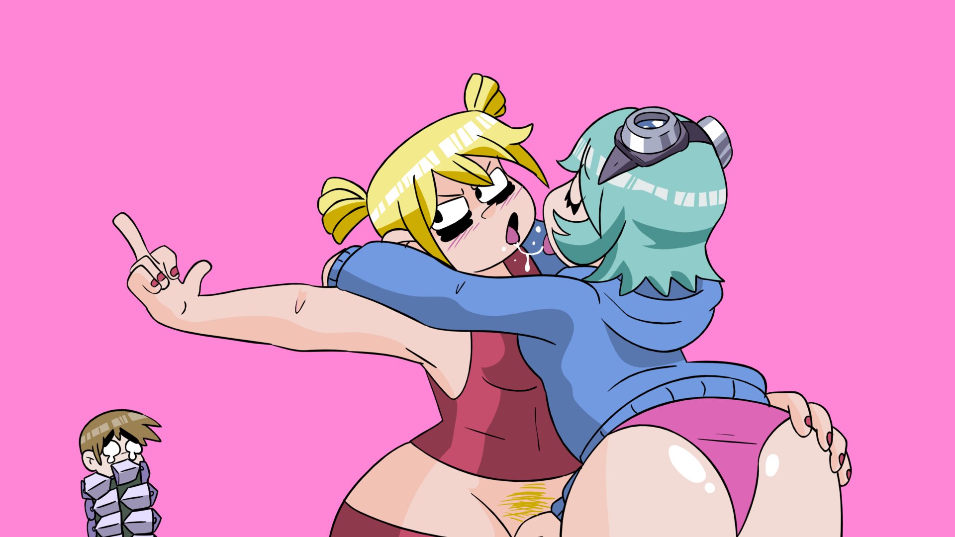 1boy, 1girls, arms around neck, ass, ass grab, back view, black eyes, blonde hair, blue hair, blush, brown hair, closed eyes, cucked lesbian, female, fingering, goggles, goggles on head, hair bun, jones boi, male, middle finger, nail polish, partially clothed, pubic hair, ramona flowers, red nails, roxanne richter, saliva string, scott pilgrim, scott w pilgrim, short hair, tears, tied up, tongue, tongue out, weapon, white eyes, yuri