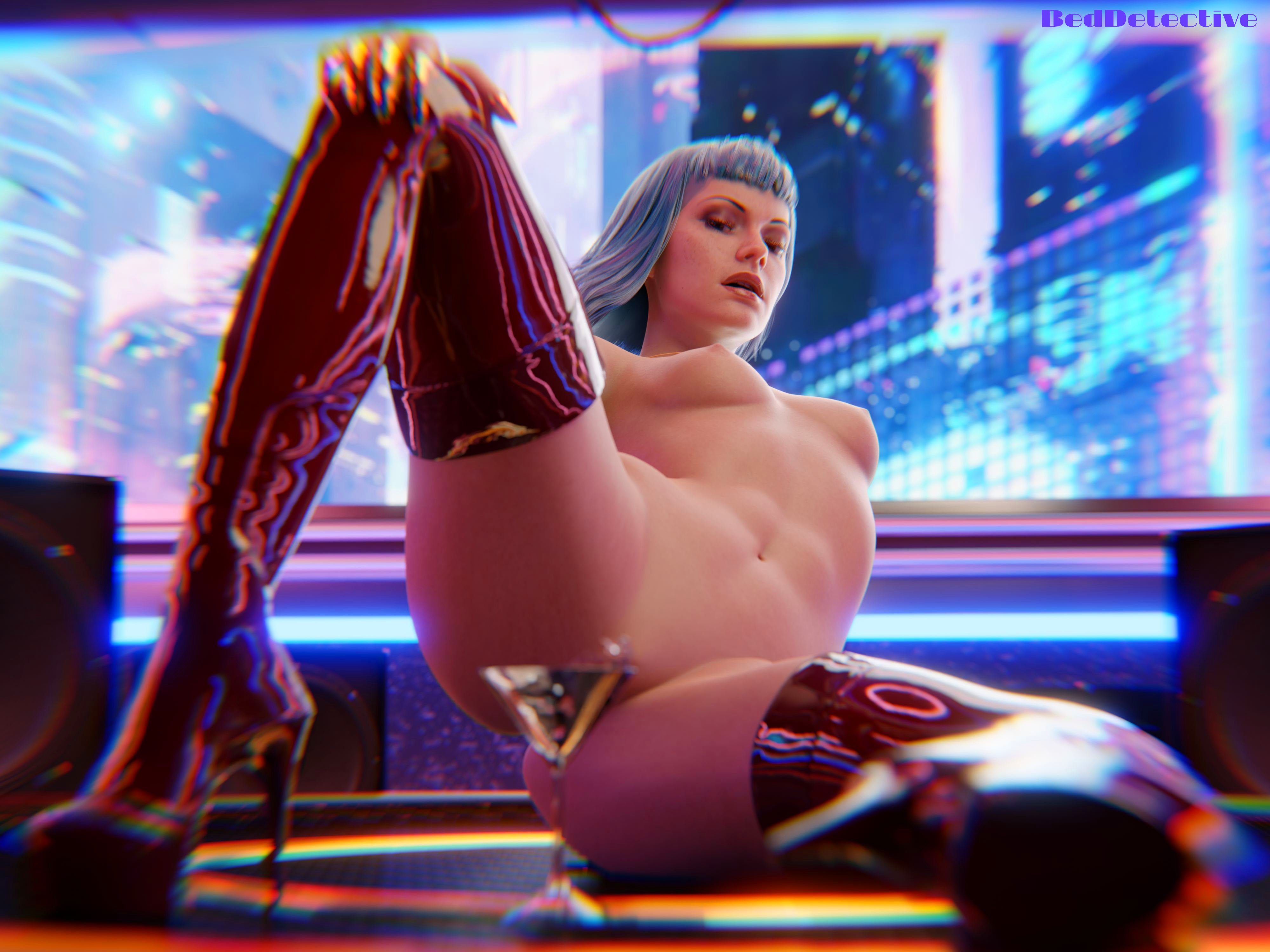3d, beddetective, blue hair, breasts, cyberpunk 2077, evelyn parker, female, heels, latex thighhighs, lying on table, naked footwear, prostitute, small breasts