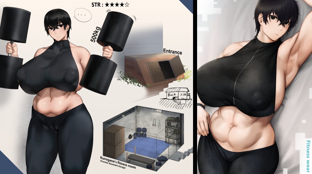 1girls, abs, areolae, armpits, arms up, big breasts, breasts, cameltoe, clothed, demon, demon girl, english text, erect nipples, female, female only, huge breasts, kunaboto, kurogane (kunaboto), large breasts, looking at viewer, muscles, muscular, muscular female, nipples, pussy, solo, text, thick thighs, venus body, weightlifting, wide hips, workout clothes