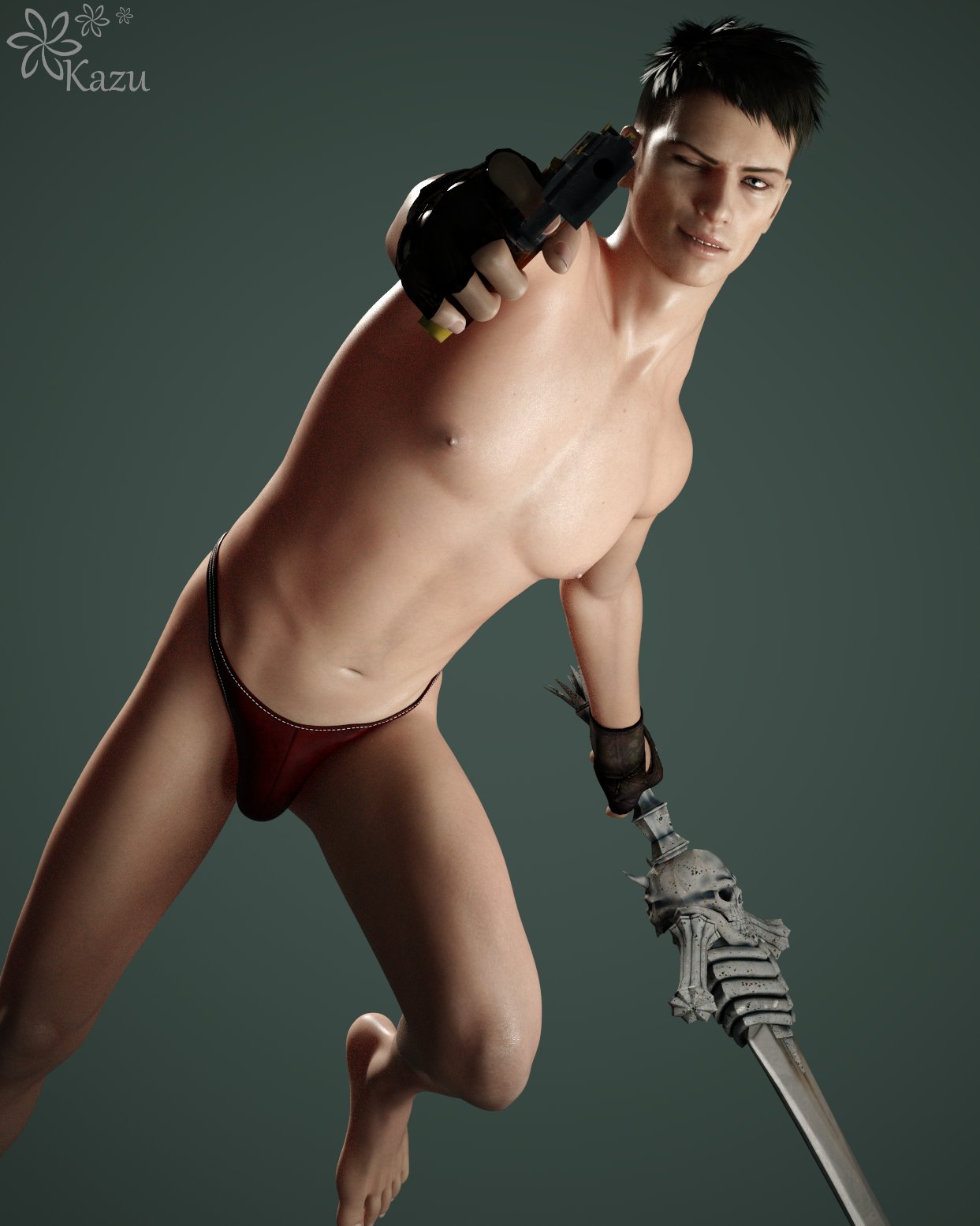 1boy 1human 1male aiming_at_viewer black_hair blue_eyes capcom dante_(dmc:_devil_may_cry) dmc:_devil_may_cry firearm green_background gun kazuworks light-skinned_male light_skin male male_only masculine red_underwear skimpy_underwear slim_male solo sword thong twink