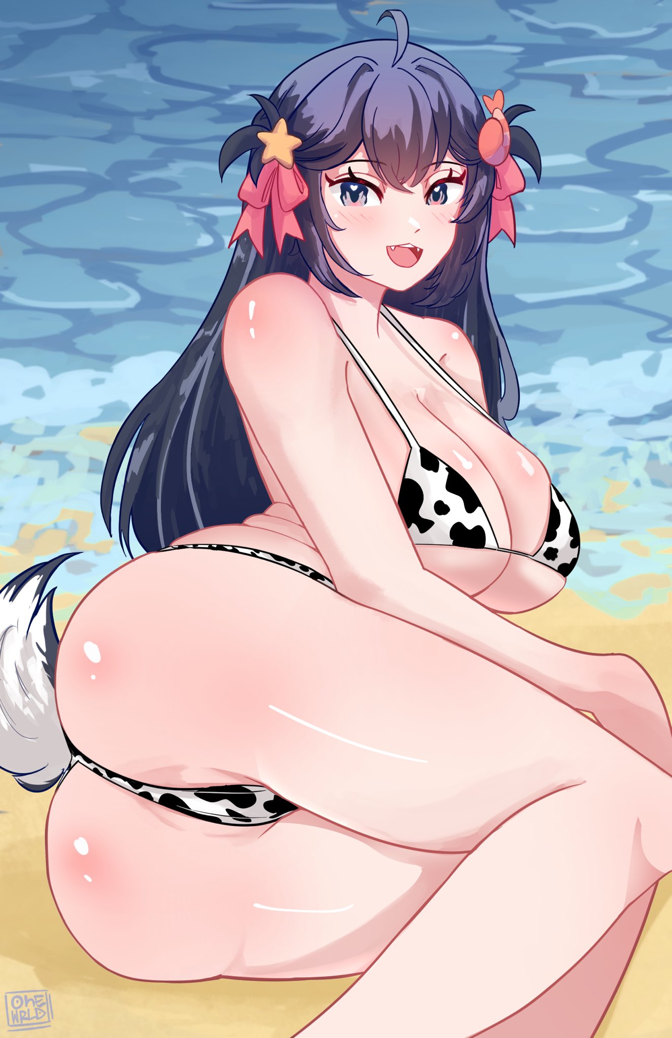 black_hair blue_eyes breasts female lilnoot_(vtuber) penguin_girl short_hair thighs virtual_youtuber