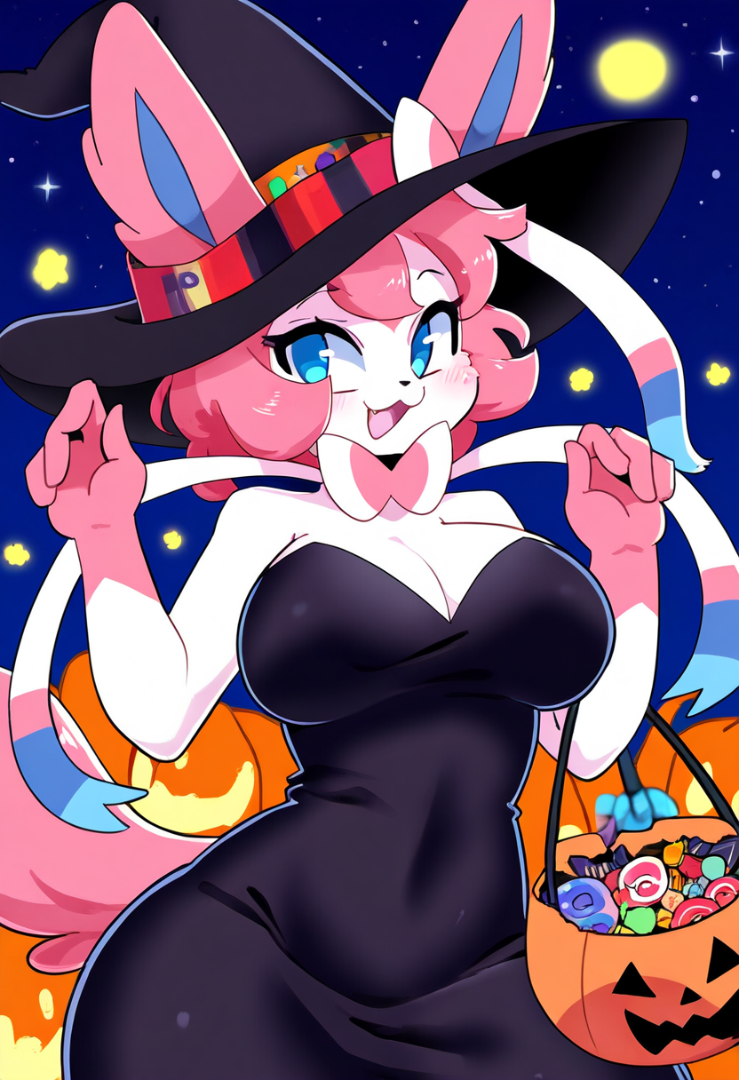 ai_generated anthro breasts candy_bucket eeveelution female female_only halloween nai_diffusion nintendo novelai pokemon pokemon_(species) robes self_upload sylveon weedvee420 witch_hat