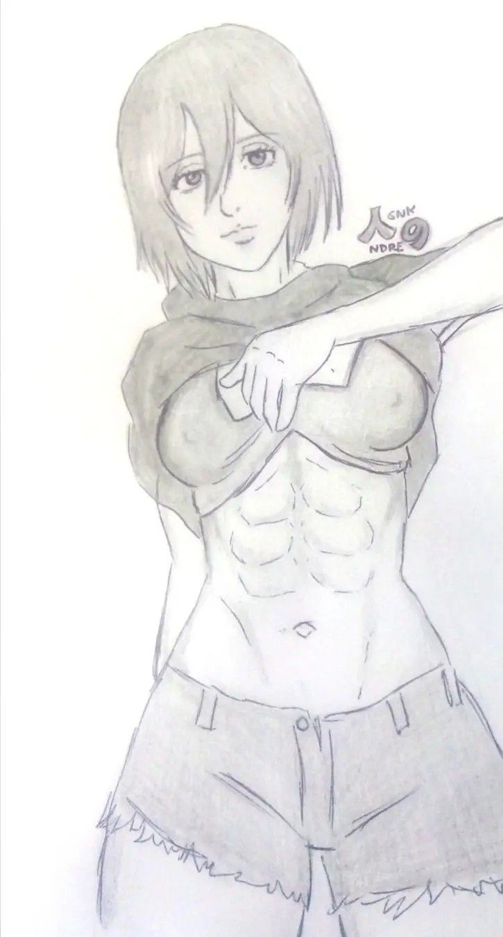 1girls adonis_belt asian_female athletic_female attack_on_titan big_thighs black_and_white bra bra_lift curvy_female female_abs fit_female hand_drawn looking_at_viewer mikasa_ackerman old_art pencil_(artwork) shingeki_no_kyojin shirt_lift shirt_lifted_by_self shorts showing_abs snk_andree_art solo_female toned_female