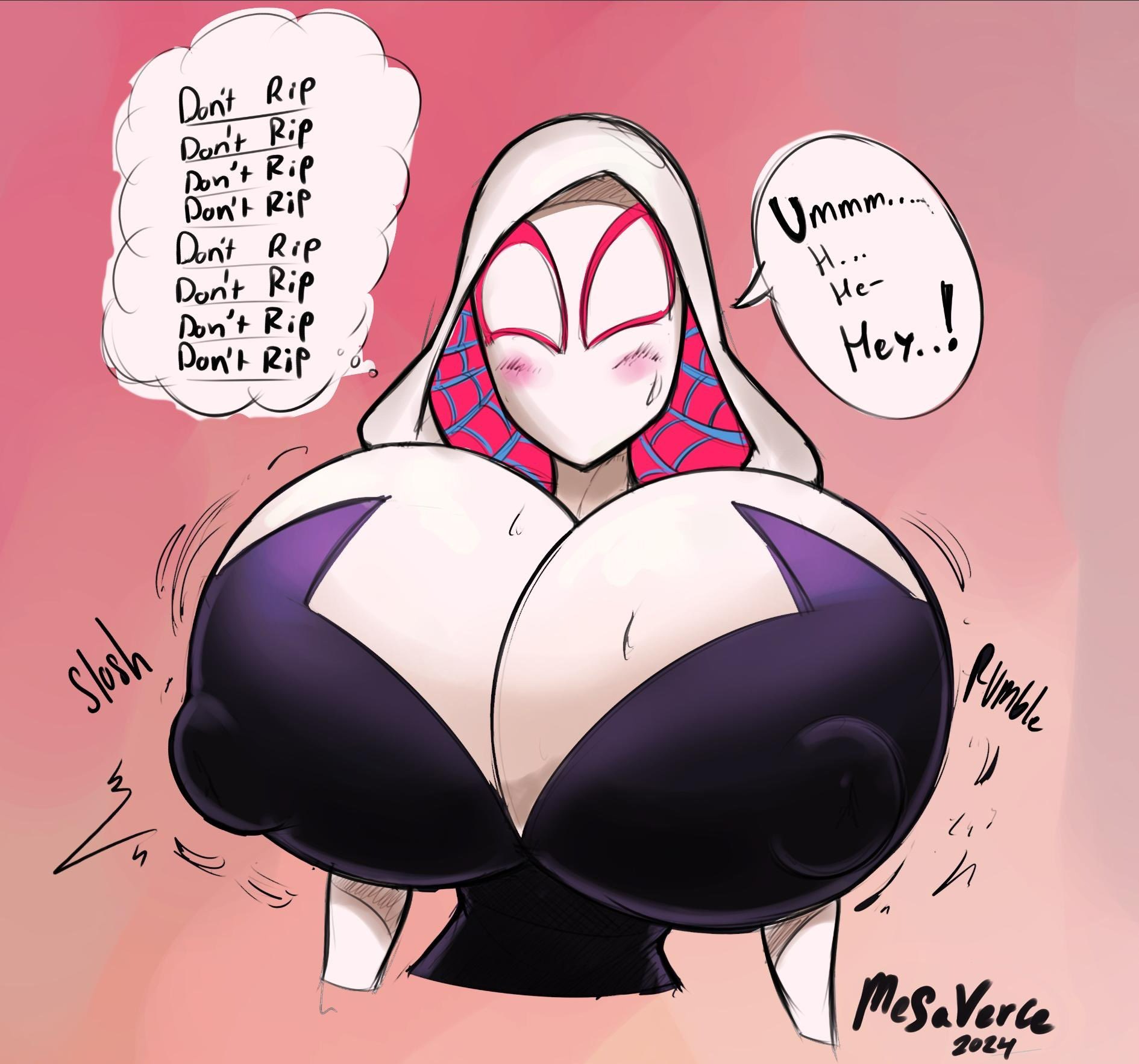 1girls, alternate breast size, alternate version available, breasts, breasts bigger than head, bursting breasts, english text, enormous breasts, female, female only, gwen stacy, hyper, hyper breasts, marvel, marvel comics, mesaverce, nipples visible through clothing, no bra, solo, spider-man (series), tagme, text