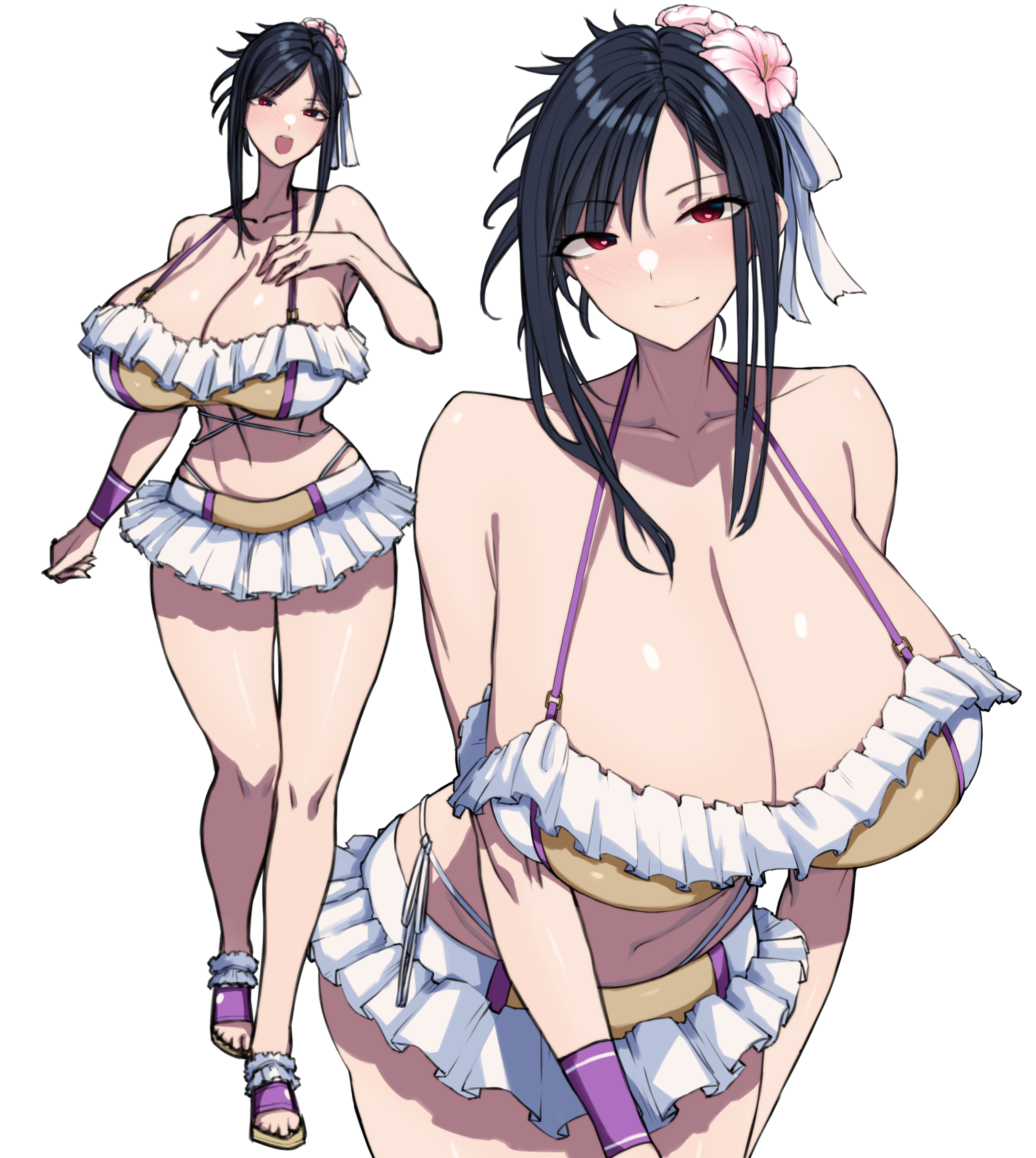 1girls, bikini, black hair, breasts, female, final fantasy, final fantasy vii, final fantasy vii rebirth, final fantasy vii remake, huge breasts, light skin, light-skinned female, naughty face, red eyes, simple background, smile, swimsuit, tifa lockhart, tifa lockhart (shining spirit), white background, wolffeld price