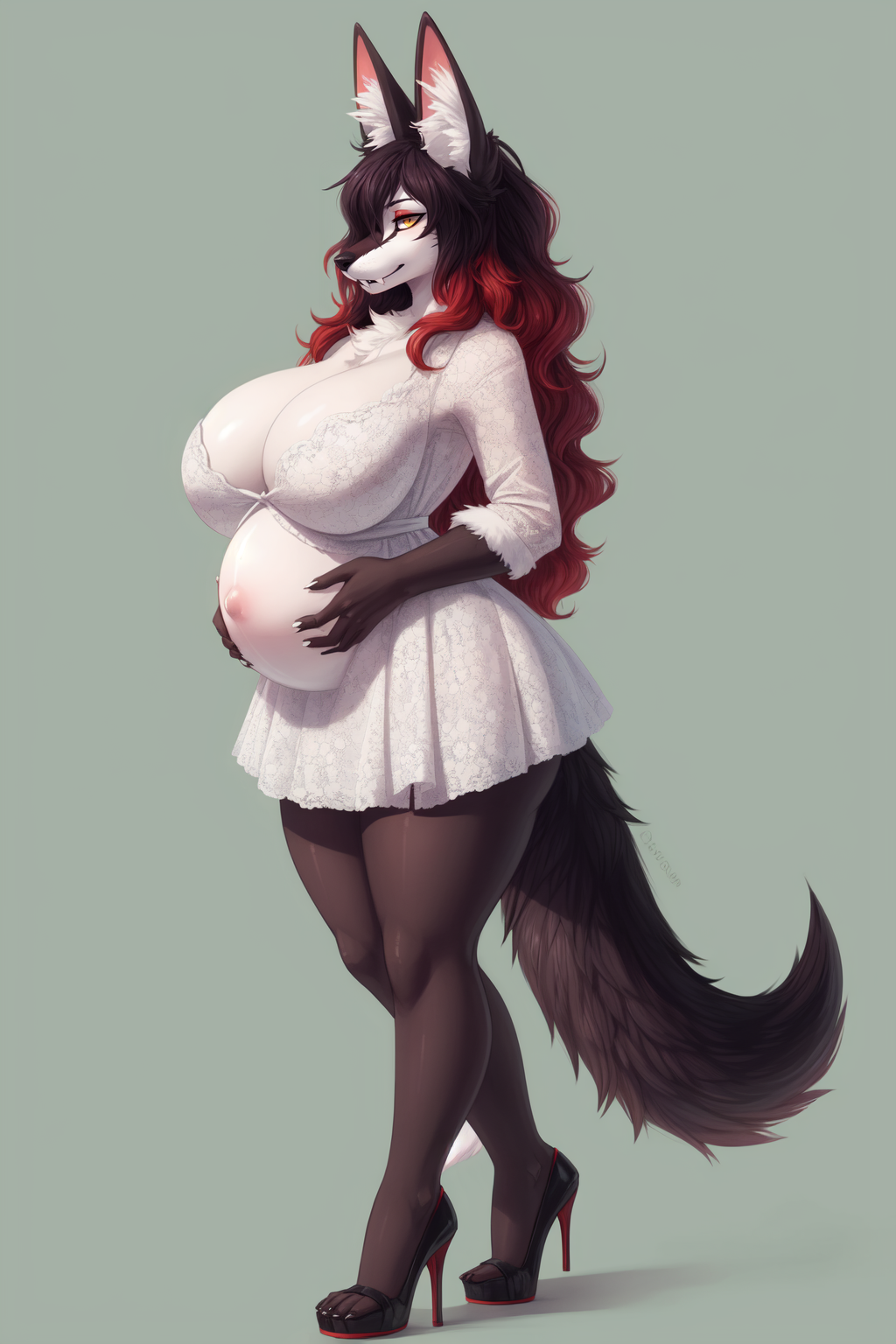 ai_generated anthro bedroom big_breasts black_hair breasts canid canine canis curvy dress fur furry furry_female gradient_hair hellhound high_heels hindlegs indoors inner_ear_fluff large_breasts long_hair pregnant red_hair stable_diffusion standing thick thick_thighs voluptuous wgenjoyr4539