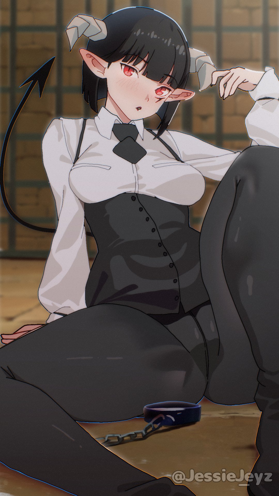 blush breasts collar demon_girl demon_horns demon_tail female groin_outline highres hime-sama_"goumon"_no_jikan_desu horns jessie_jeyz large_breasts legs_apart looking_at_viewer metal_collar open_mouth pointy_ears red_eyes short_hair solo tail tortura_torture