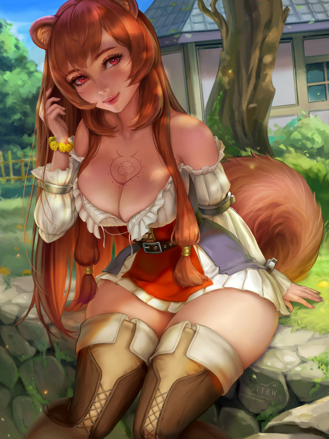 breasts, brown hair, cleavage, clothed, dress, female, fully clothed, kittew, outdoors, raccoon ears, raccoon tail, raphtalia, red eyes, shoulderless dress, sitting, skirt, tail, tate no yuusha no nariagari, the rising of the shield hero, thick thighs, thigh boots, tree