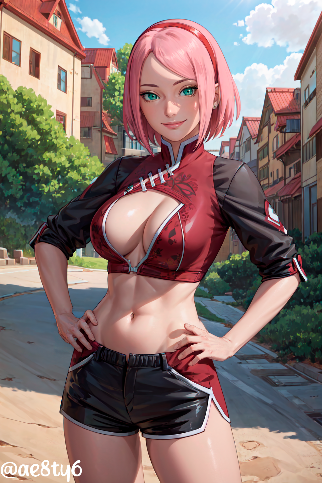 1girl 1girls 2020s 2024 adapted_costume ae8ty6 ai_generated anime artist_name bare_chest bare_midriff bare_thighs big_breasts bikini bikini_top blush boruto:_naruto_next_generations breasts center_opening cleavage crop_top day dolphin_shorts facial_mark facing_viewer female female_only forehead_mark front_view hair_ornament hairband hands_on_hips happy happy_smile heroine houses human light-skinned_female light_skin manga medium_breasts metahuman midriff multicolored_clothes multicolored_clothing nai_diffusion naruto naruto_(series) outdoors pink_hair pinup revealing_clothes revealing_swimsuit sakura_haruno shiny_hair shiny_skin short_hair short_hair_female shorts side_slit skimpy skimpy_bikini skimpy_clothes smile smiling solo solo_female solo_focus stable_diffusion standing swimsuit teenage_girl teenager thighs tomboy trees up_close url watermark web_address