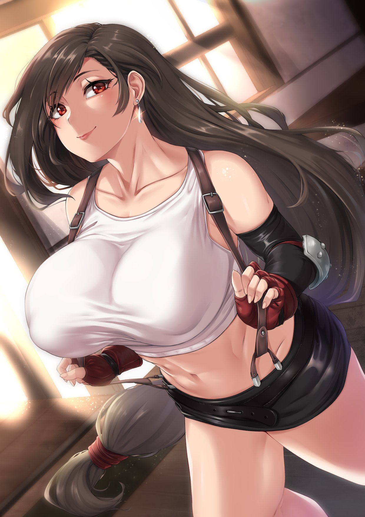 big breasts, breasts, brown eyes, brown hair, clothed female, earrings, elbow gloves, female, female only, final fantasy, final fantasy vii, gloves, huge breasts, long hair, miniskirt, moisture (chichi), nipples, nipples visible through clothing, smiling, solo, solo female, solo focus, suspender skirt, suspenders, tifa lockhart