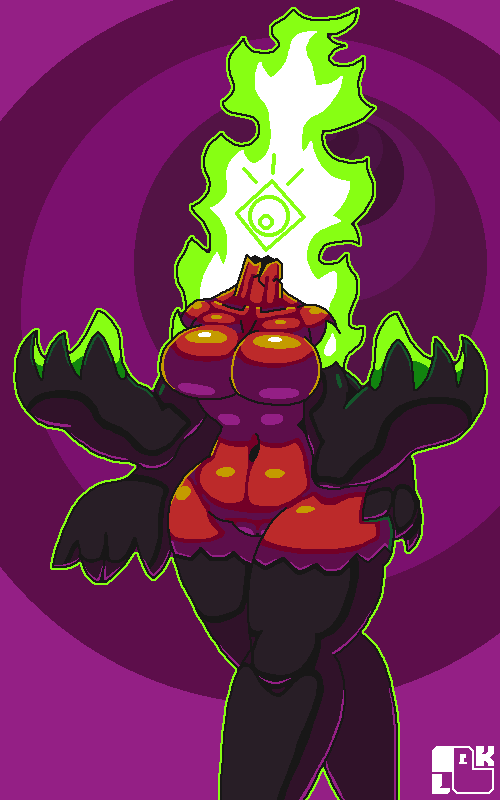 1_eye 1girls 2022 2d 2d_(artwork) artist_logo belly big_breasts black_arms black_claws black_thighhighs breasts claws female_only green_flames hi_res high_res huge_breasts kulappam no_head nuclear_throne portal purple_background pussy radiation radioactive radioactive_waste red_body red_breasts rule_63 sharp_claws solo solo_female spoilers thick_thighs thick_thighs_save_lives thighhighs thighs throne throne_(nuclear_throne) waist