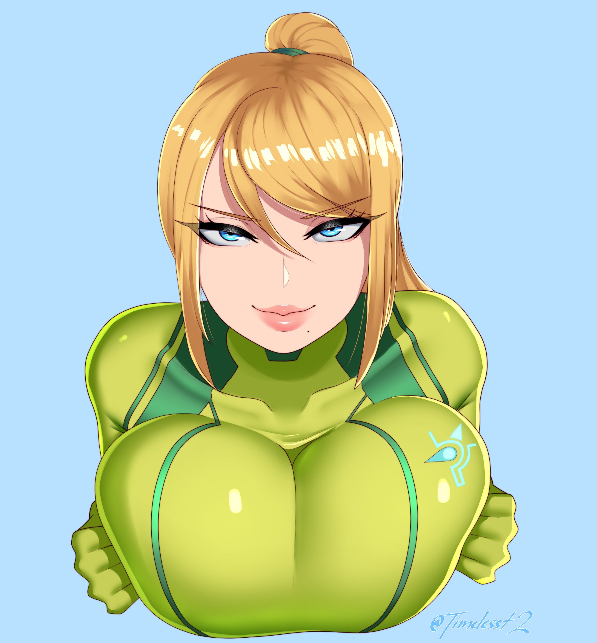 1girls, 2023, big breasts, bimbo, blonde hair, blue background, blue eyes, bodysuit, breasts, eyelashes, female, female only, green bodysuit, hi res, long hair, looking at viewer, metroid, mole, mole under mouth, narrowed eyes, nintendo, samus aran, smiling, smiling at viewer, solo, timeless-t, zero suit, zero suit samus