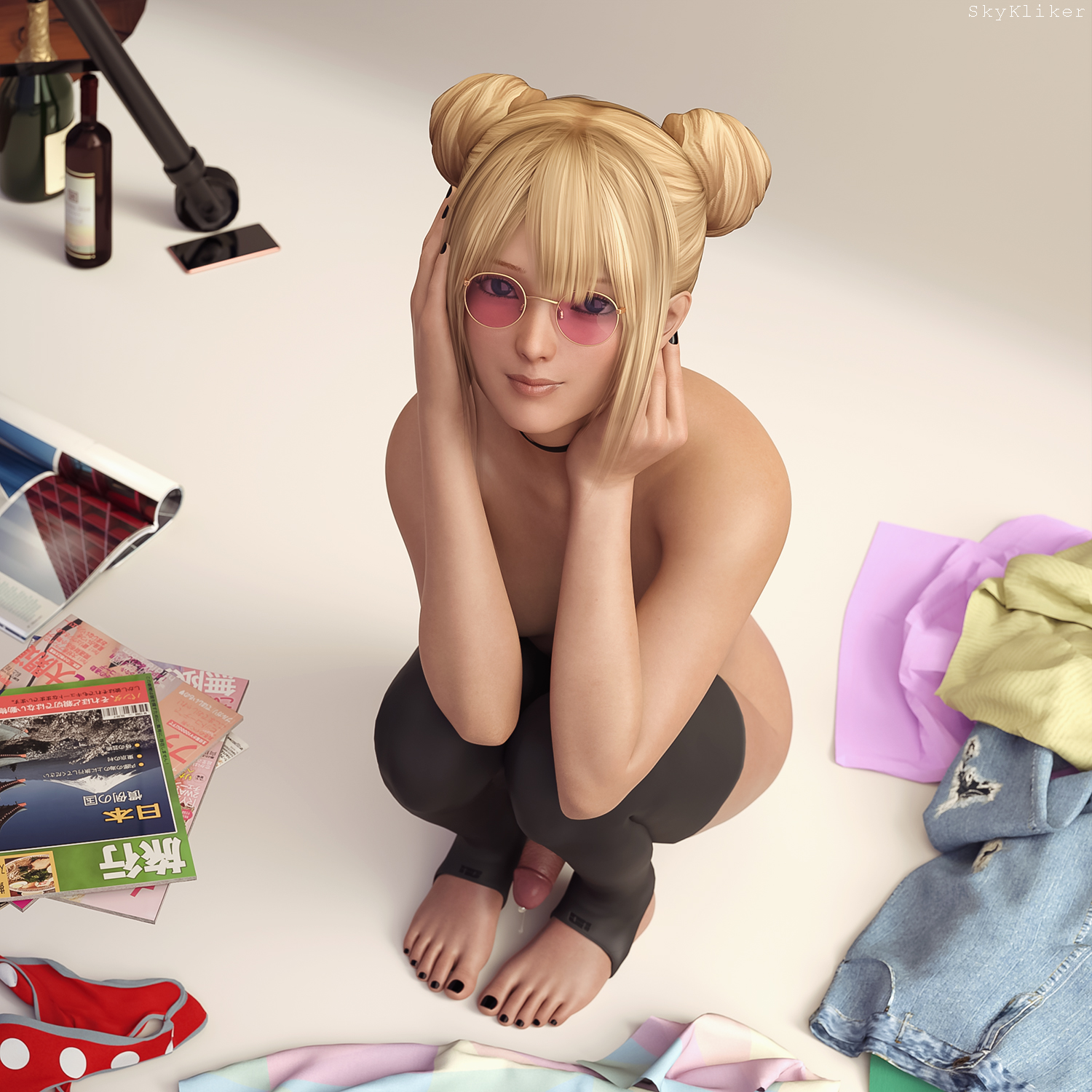 1futa, 3d, 3d (artwork), artist name, black nails, blonde hair, blue eyes, choker, cute, cute pose, dead or alive, feet, feet together, futa only, futanari, glasses, hair buns, hairbun, intersex, marie rose, nail polish, painted nails, painted toenails, penis, pink glasses, pose, posing, precum, precum drip, render, round glasses, skykliker, solo, squatting, stirrup legwear, stockings, toeless legwear, toenail polish, toes