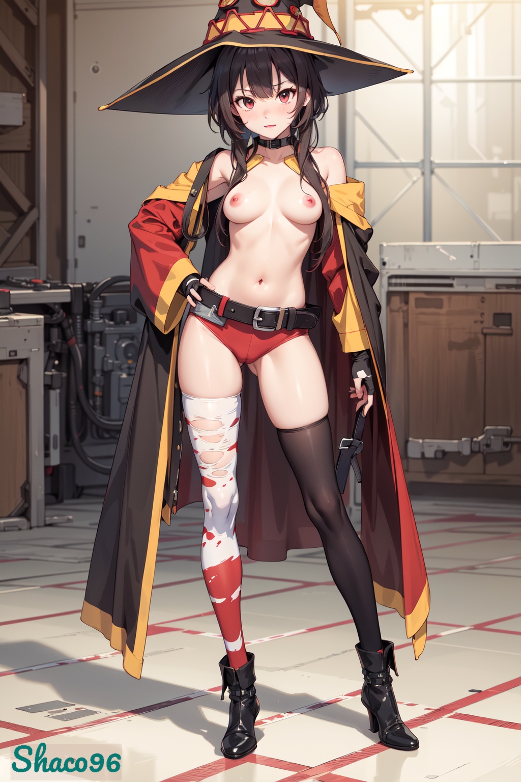 1girls, 2024, ai generated, blush, breasts, brown hair, choker, closed mouth, female, hat, heels, high heels, high resolution, kono subarashii sekai ni shukufuku wo!, medium breasts, megumin, open eyes, red eyes, red panties, shaco96, stable diffusion, watermark