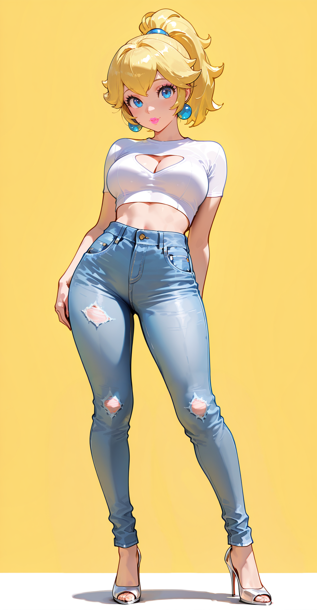 ai_generated blonde_hair boob_window breasts full_body heels high_heels jeans mario_(series) princess princess_peach stable_diffusion standing white_high_heels