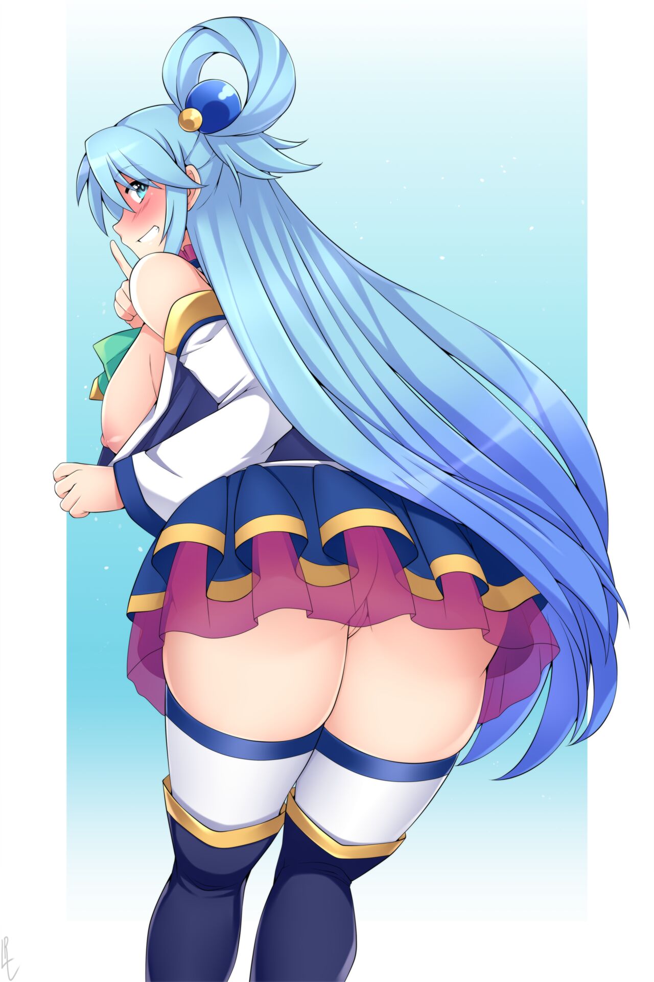 1girls, aqua (konosuba), ass, blush, breasts, female, female only, fully clothed, kono subarashii sekai ni shukufuku wo!, lindaroze, long hair, nipples, no panties, pussy, skirt, solo, tagme, thighhighs, tits out, upskirt