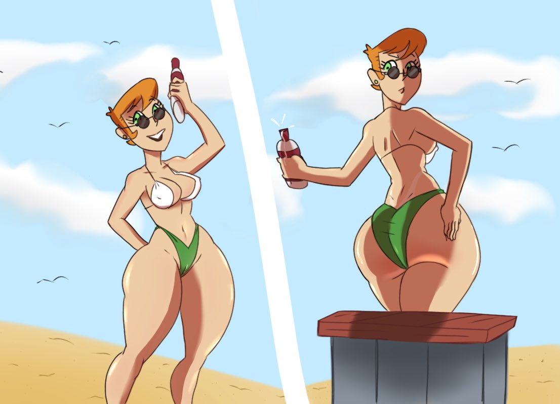 1girls ass beach big_ass bikini cartoon_network dat_ass dexter's_laboratory dexter's_mom female green_bikini_bottom mature_female milf mother orange_hair solo swimsuit vimvimvixen white_bikini_top