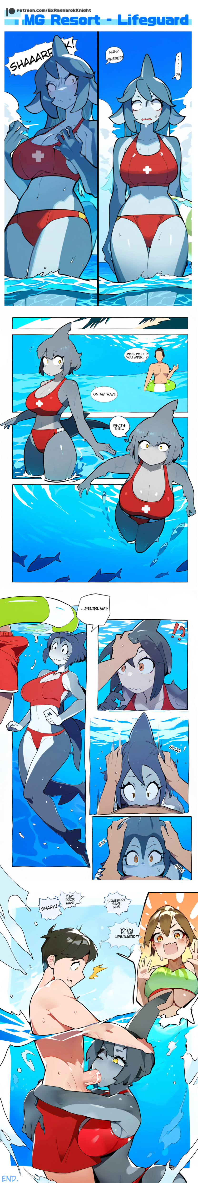 ai_generated blowjob breasts comic ex-ragnarokknight fellatio head_grab lifeguard_swimsuit monster_girl nsfw shark shark_girl stealth_sex swimsuit underwater underwater_sex