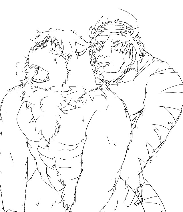 2011 anthro barazoku blush closed_eyes duo felid kemono lion male male/male mammal muscular nipples pantherine sex simple_background tiger train_(artist) white_background