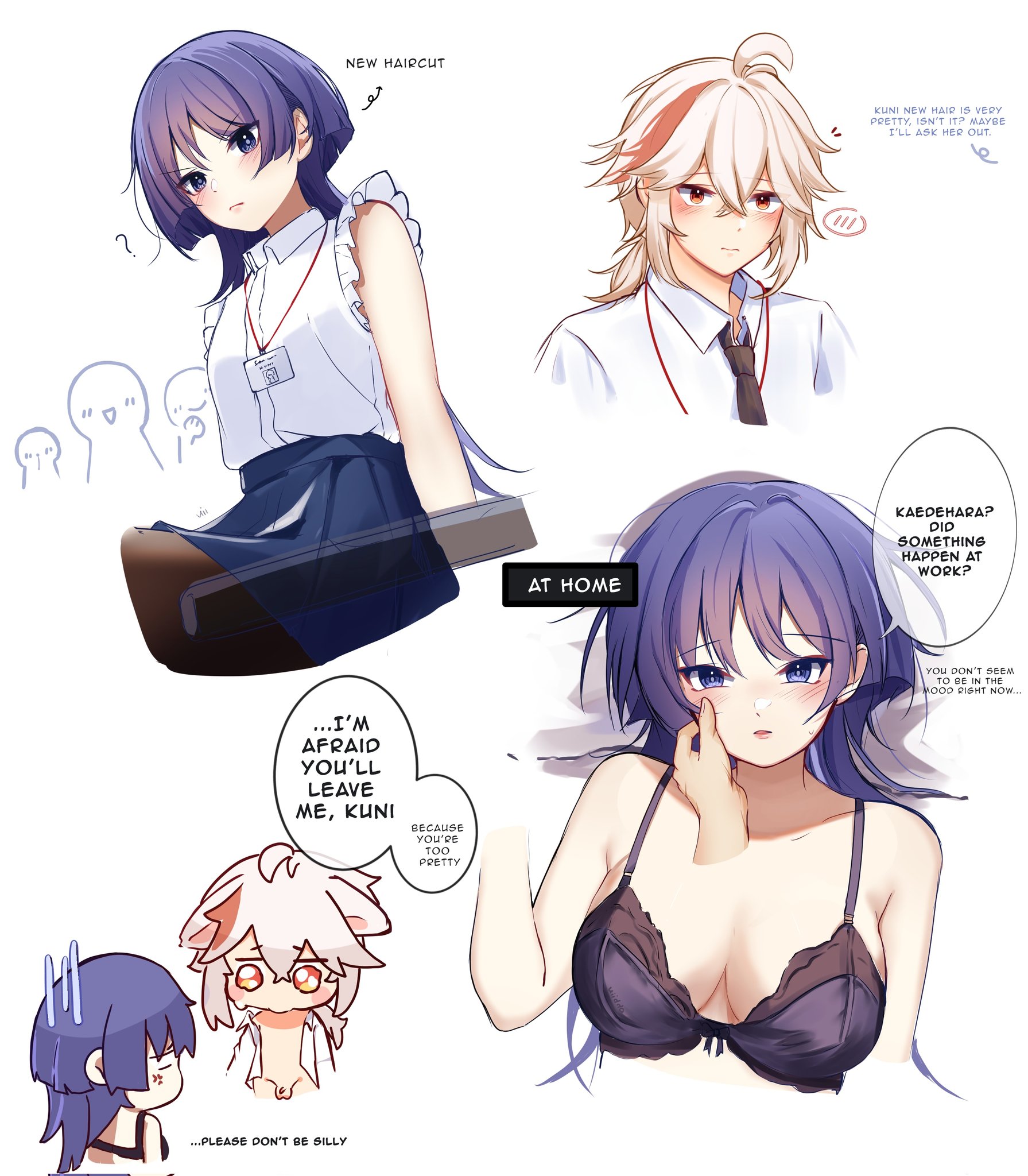 1boy, 1girls, angry, bra, breasts, english text, female, feminization, genderswap, genderswap (mtf), genshin impact, kaedehara kazuha, male, office lady, penis, rule 63, sad, scaramouche (genshin impact), skirt, text, text bubble