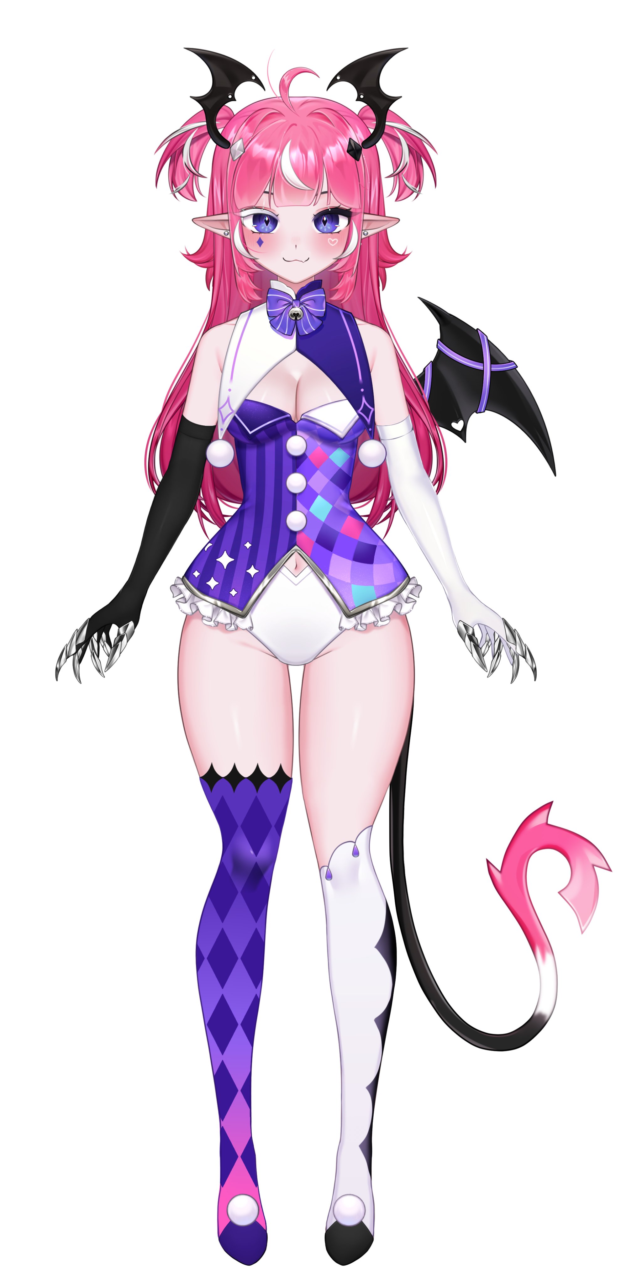 ahoge, asymmetrical legwear, bangs, blush, bow, bowtie, breasts, camila (vtuber), cleavage, clothing cutout, demon, demon girl, demon tail, demon wings, elbow gloves, facial mark, female, gloves, head wings, indie virtual youtuber, long hair, looking at viewer, marking below eyes, multicolored hair, pink hair, pointy ears, purple eyes, simple background, smile, solo, streaked hair, succubus, tail, thighhighs, two side up, virtual youtuber, white background, wings