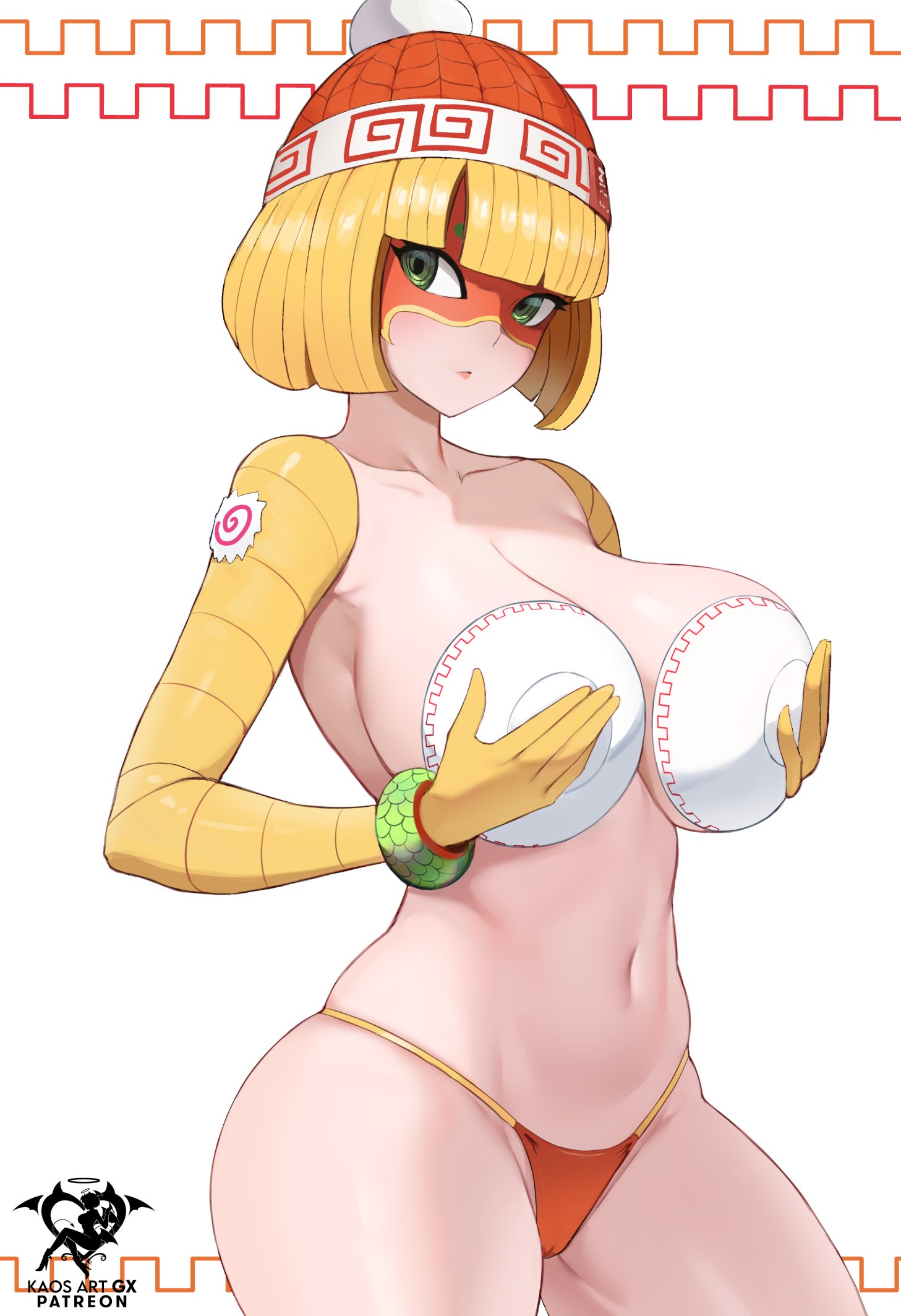 arms (game), artist logo, artist name, ass, belly, belly button, big breasts, blonde female, blonde hair, bob cut, boob grab, boob squish, boobies, boobs, boobs and butt pose, bowl, bowl cut, breast press, breasts, bubble ass, bubble butt, busty, curvaceous, curvy, curvy female, curvy figure, female, green eyes, hat, huge breasts, kaos art, large breasts, mask, min min (arms), navel, nipple teasing, orange hat, orange panties, panties, tagme, thighs, topless