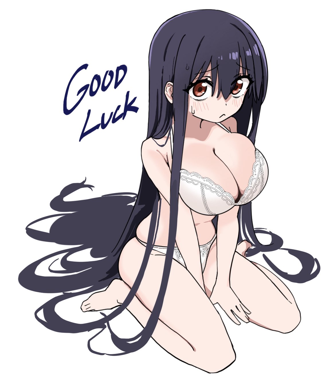 1girls bare_arms bare_legs bare_midriff bare_shoulders bare_thighs barefoot belly black_hair blush blush_lines blushing_at_viewer bra breasts brown_eyes cleavage dot_nose elbows embarrassed embarrassed_female feet female female_focus female_only fried_bocky frown frown_eyebrows frowning frowning_at_viewer fuuko_izumo hair_between_eyes high_resolution highres hourglass_figure knees large_breasts legs light_skin long_hair looking_at_viewer nude panties simple_background sitting slender_body slender_waist slim_girl slim_waist solo teenager thick_thighs thighs thin_waist toes undead_unluck underwear very_long_hair white_background white_bra white_panties white_underwear