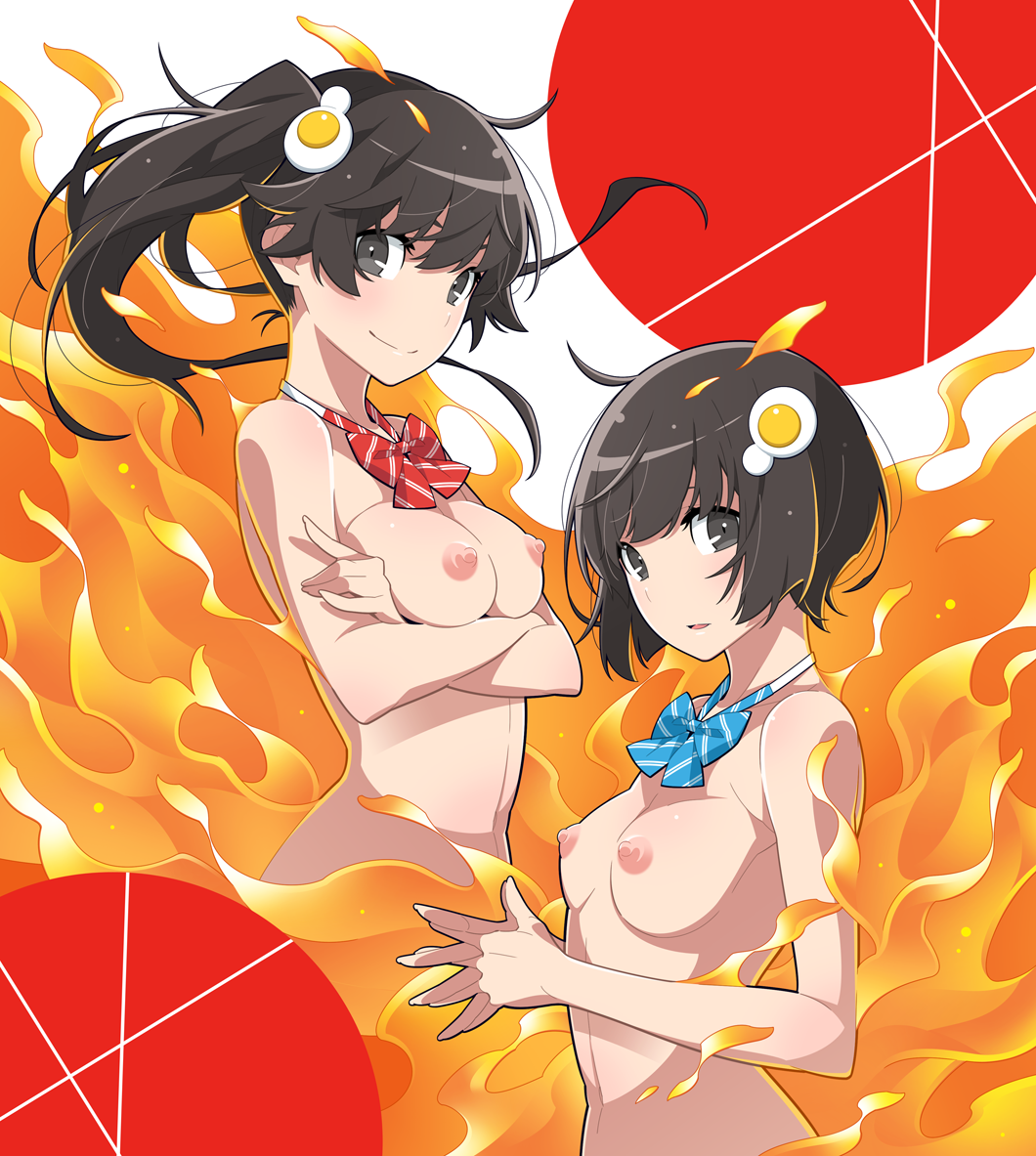 ahoge araragi_karen araragi_tsukihi arms_under_breasts bare_arms bare_belly bare_shoulders belly_button black_eyes black_hair blush body_blush bowtie breasts closed_mouth completely_nude crossed_arms fire hair_ornament long_hair medium_breasts monogatari_(series) nipples nude parted_lips short_hair side_ponytail sisters smile twins yamanami_kousuke