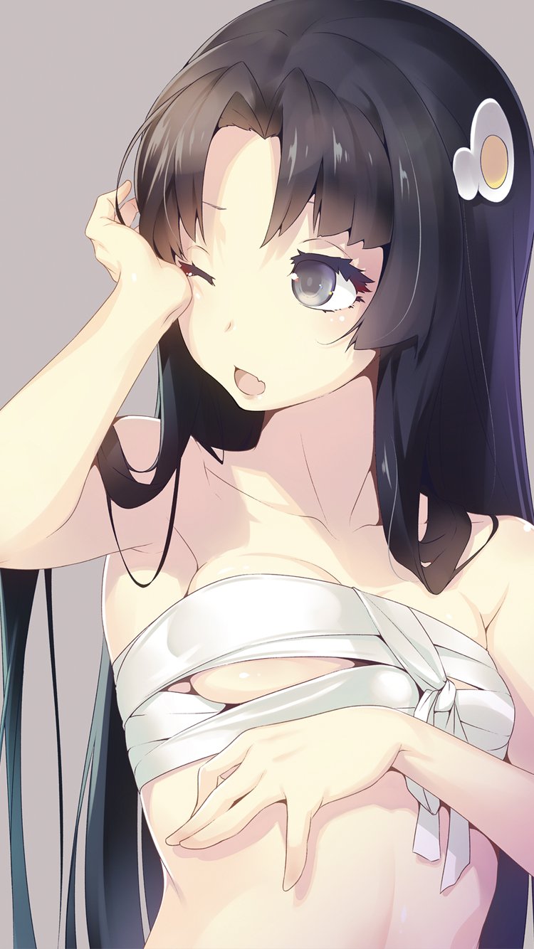 araragi_tsukihi armpits bandaged_chest bandages bare_arms bare_shoulders black_eyes black_hair breasts collarbone hair_ornament medium_breasts monogatari_(series) nilitsu one_eye_closed open_mouth sleepy underboob very_long_hair