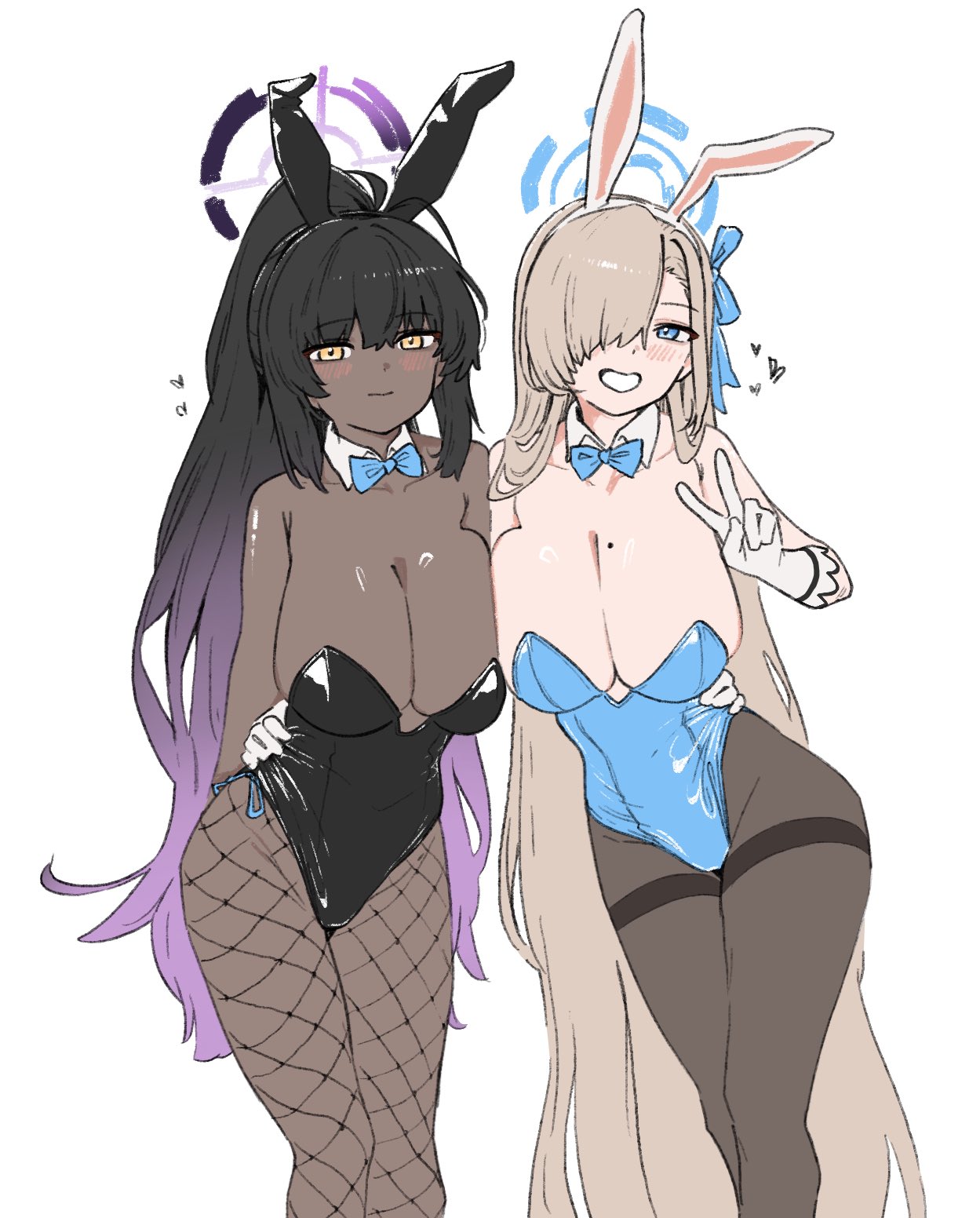 2girls arm_around_back arm_around_partner arm_around_waist asuna_(blue_archive) asuna_(bunny)_(blue_archive) bare_arms bare_shoulders black_bunny_ears black_bunnysuit black_hair black_pantyhose blonde_hair blue_archive blue_bow blue_bunnysuit blue_eyes blush blush_lines bow breast_press breasts bunny_ears bunny_girl bunnysuit cleavage collarbone dark-skinned_female dark_skin dot_nose elbows embarrassed embarrassed_female female female_focus female_only fishnet fishnet_legwear fishnet_pantyhose fishnets fried_bocky groin hair_between_eyes halo heart hearts_around_head high_resolution highres hourglass_figure karin_(blue_archive) karin_(bunny)_(blue_archive) large_breasts legs light-skinned_female light_skin long_hair looking_at_viewer millennium_science_school_student mole_on_breast multiple_girls nude open_mouth pantyhose sidelocks simple_background slender_body slender_waist slim_girl slim_waist smile smiling smiling_at_viewer standing thick_thighs thighband_pantyhose thighs thin_waist v v-line very_long_hair white_background white_bunny_ears yellow_eyes