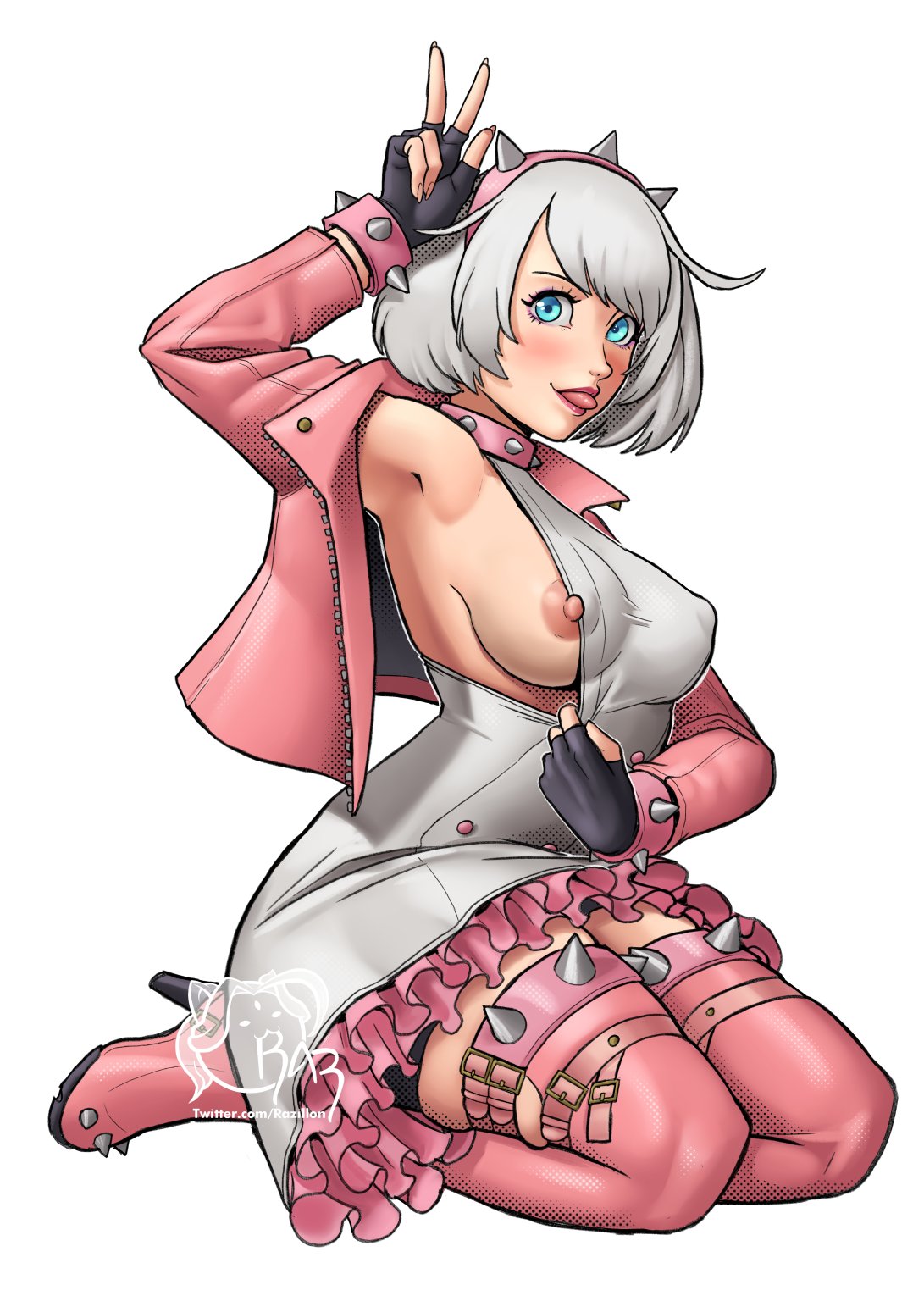 1girls armpit armpits blue_eyes blush blushing breast_out dress elphelt_valentine female female_focus female_only guilty_gear guilty_gear_strive high_heels jacket legwear looking_at_viewer nipples nipples_visible_through_clothing presenting presenting_breasts razillon short_hair shoulder_length_hair spiked_legwear straight_hair thick_thighs tongue_out white_hair