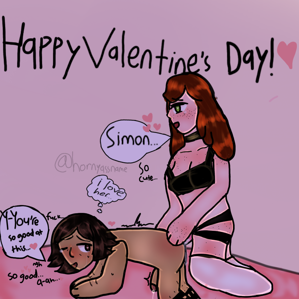 adventure_time auburn_hair betty_grof black_bra canon_couple dark_brown_hair dialogue femdom garter_straps handwritten_text heart hornyassname leaking_precum pegging praise simon_petrikov speech_bubble strap-on thought_bubble valentine's_day white_socks