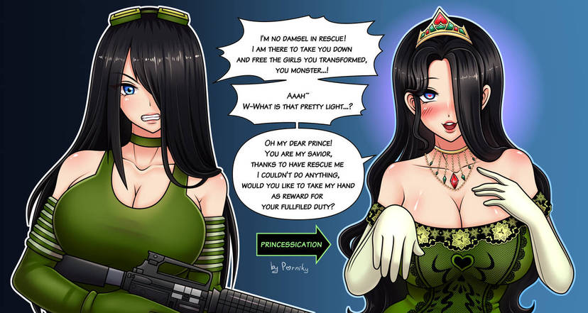 1girls black_hair blue_eyes breasts choker dress elbow_gloves english_text gloves green_dress green_tank_top gun hair_over_one_eye heart-shaped_pupil holding_gun hypnosis large_breasts light-skinned_female light_skin long_hair mind_control necklace original personality_change porniky symbol-shaped_pupil tank_top text text_bubble tiara