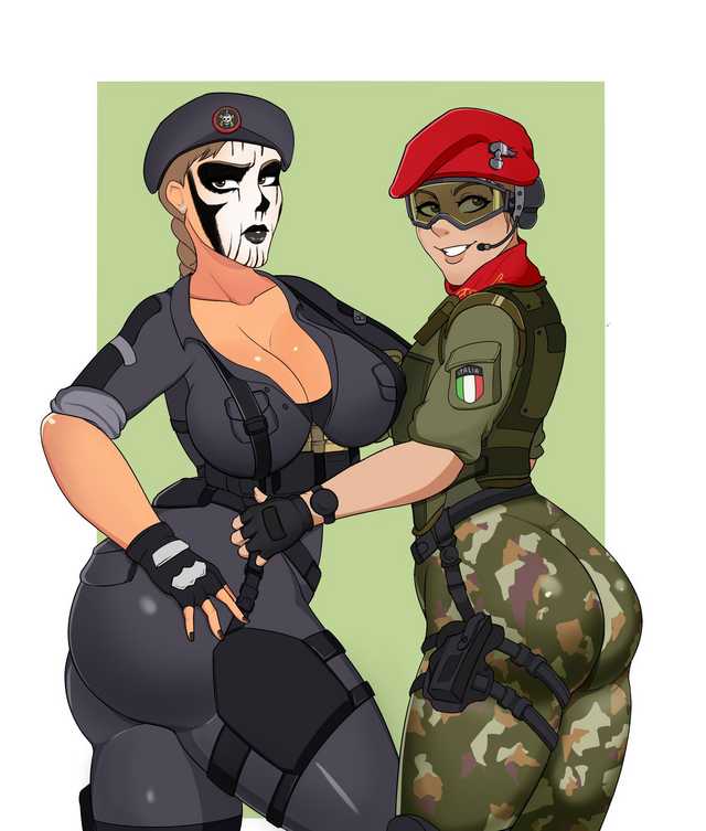 2girls alibi_(rainbow_six) beret big_breasts brazilian brazilian_female campi caveira_(rainbow_six) cleavage facepaint female highres huge_ass rainbow_six rainbow_six_siege smiling tagme thick_thighs tom_clancy