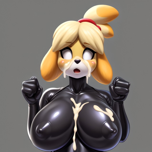 ai_generated animal_crossing big_breasts cum cum_on_breasts cum_on_face dazed empty_eyes frosting.ai hypnosis isabelle_(animal_crossing) latex_clothing latex_suit mind_control nipples