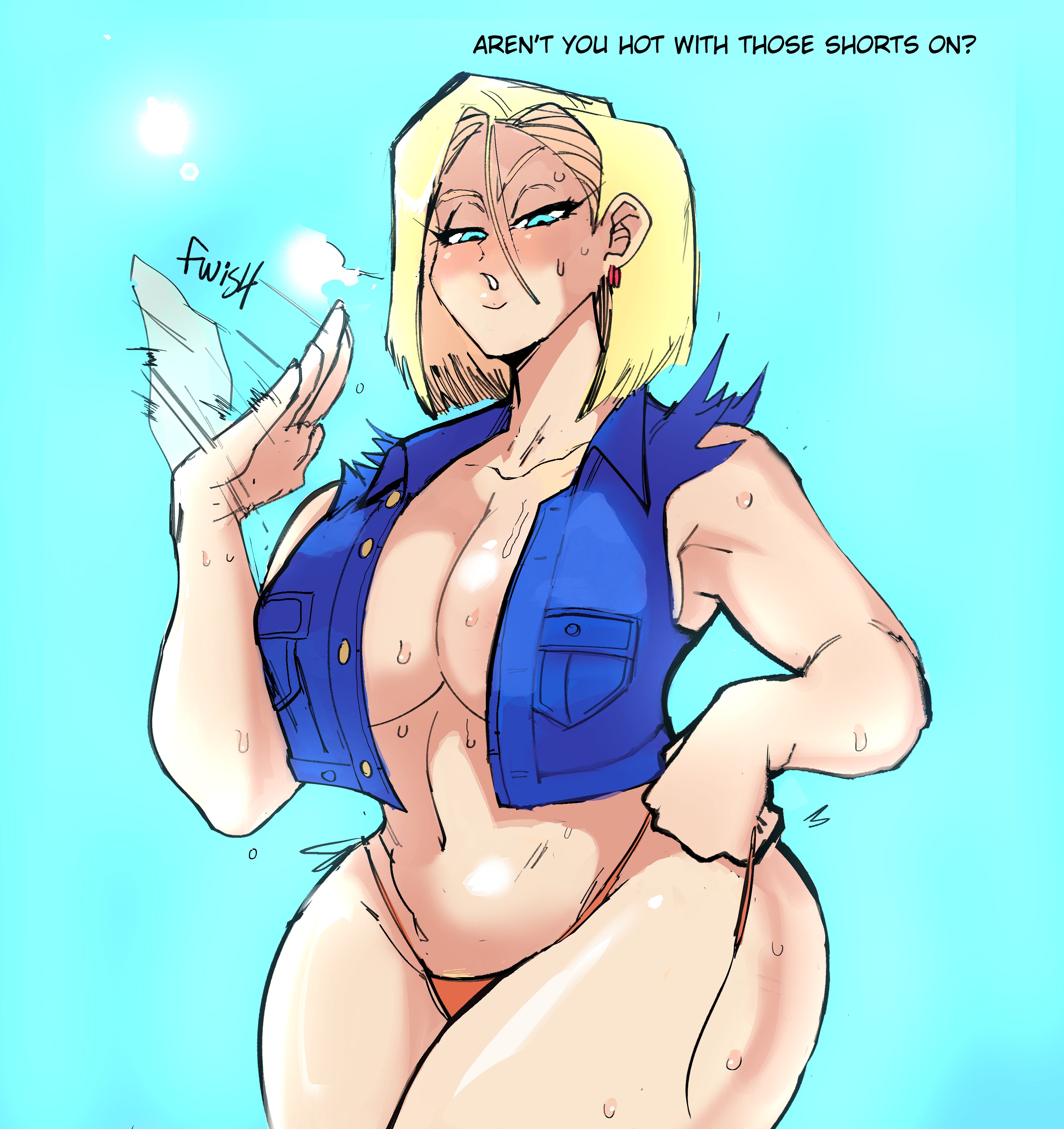 1girls, abs, alternate breast size, android 18, armpits, ass, bikini bottom, blonde hair, breasts, cleavage, dragon ball, dragon ball z, embo, eye contact, fanning self, female, female only, half-closed eyes, heavy breathing, huge ass, huge breasts, looking at viewer, naughty face, open shirt, panties, revealing clothes, seductive, shounen jump, sketch, solo, sweat, text, thick thighs, vest, wet, wide hips