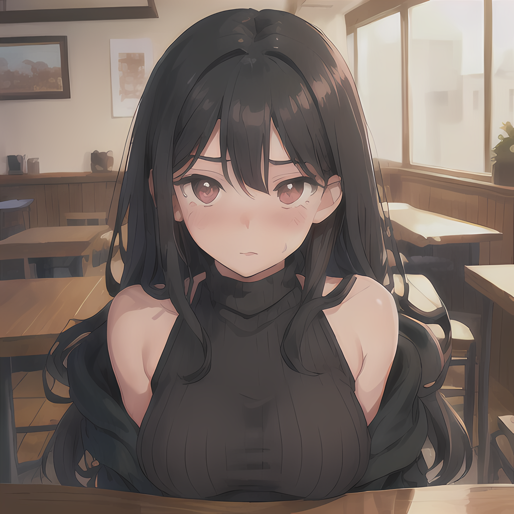 1girls ai_generated black_hair blush blush brown_eyes crop_top female first_date large_breasts looking_at_viewer mature mature_female sagging_breasts shy stable_diffusion turtleneck