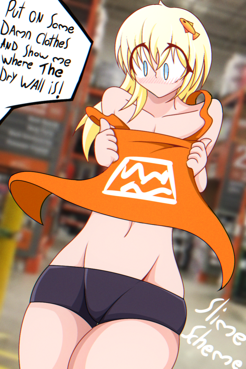 apron belly bike_shorts blonde_hair blue_eyes blush embarrassed exhibitionism femboy home_depot humor male male_focus male_only public public_exposure shirtless slime_scheme stomach thick_thighs thighs underwear uniform