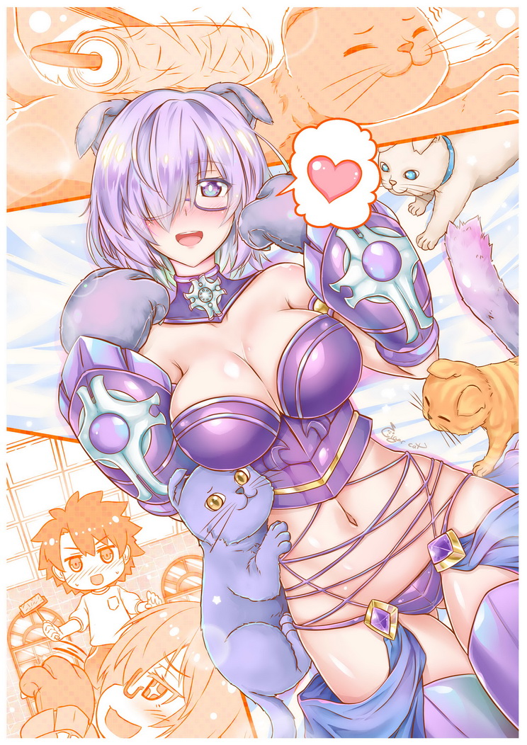 1boy 1girls 2020 animal_ears arm_guards artist_name bare_shoulders blush breastplate breasts cat_ears cat_tail chibi cigar_cat cleavage detached_collar fate/grand_order fate_(series) feline female fujimaru_ritsuka_(male) glasses gloves hair_over_one_eye heart highres large_breasts lavender_hair looking_at_viewer male mash_kyrielight navel open_mouth panties paw_gloves paws purple_eyes purple_legwear purple_panties short_hair signature smile spoken_heart tail thighhighs underwear