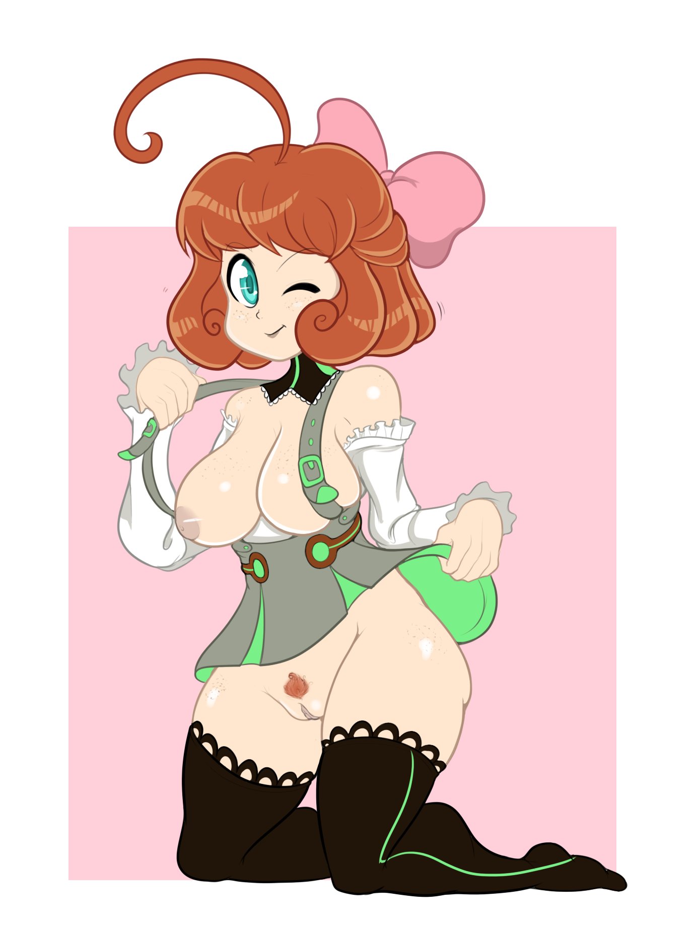 1girls, ahoge, drillslewds, female, female only, green eyes, penny polendina, pubic hair, red hair, rwby, thighhighs, wink