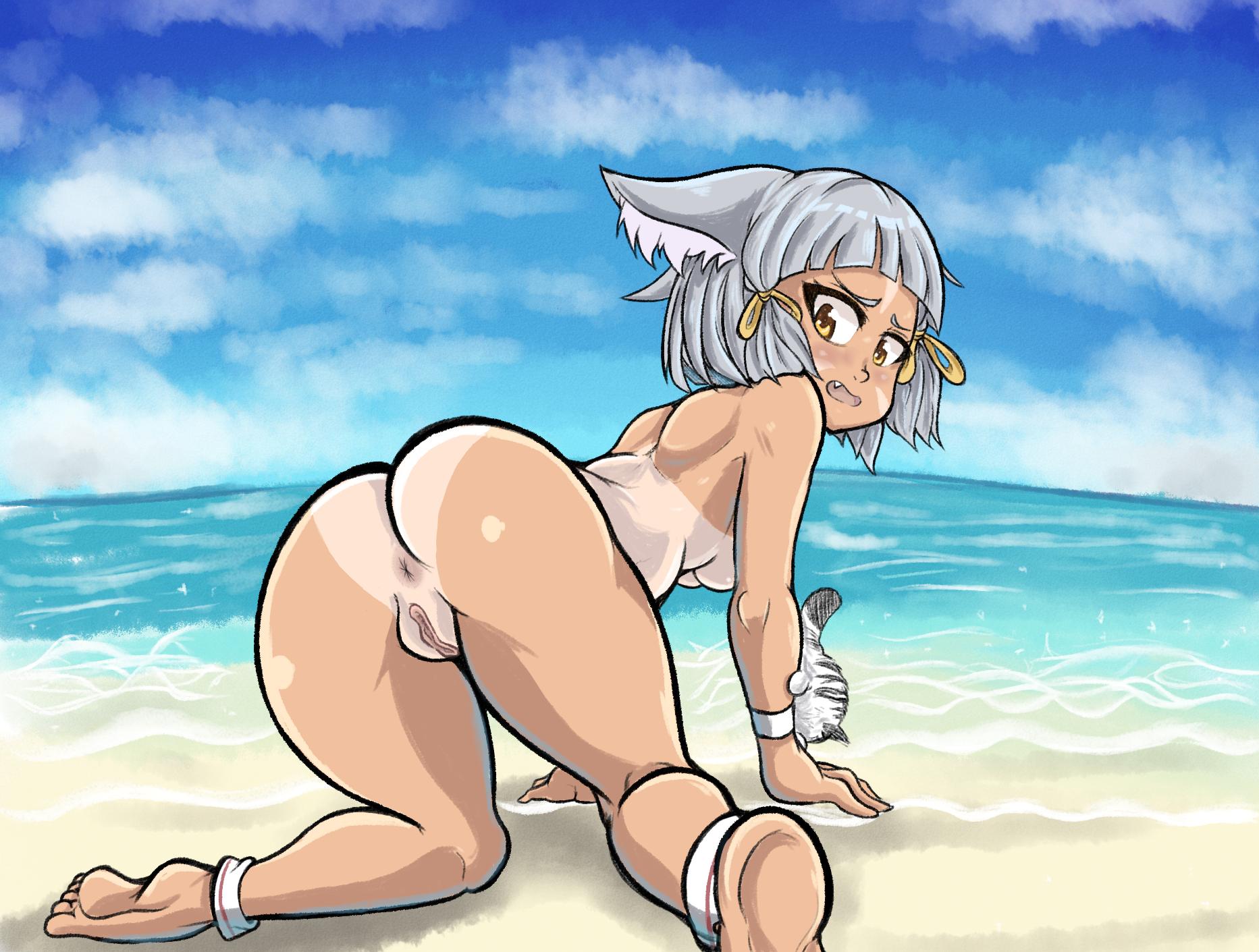 1girls, animal ears, anus, ass, ass crack, beach, bent over, butt crack, cat ears, doggy style, drillslewds, female, female only, looking back, nia, nia (xenoblade), nintendo, nude, tanline, tanlines, xenoblade (series), xenoblade chronicles 2