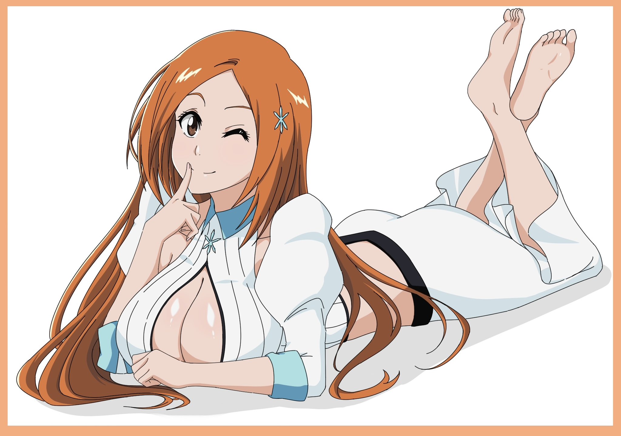 ass, barefoot, bleach, breasts, cleavage, female, fully clothed, hair ornament, highres, inoue orihime, large breasts, long hair, looking at viewer, lying, on stomach, one eye closed, orange hair, prone, sha11021997, smiling at viewer, wink