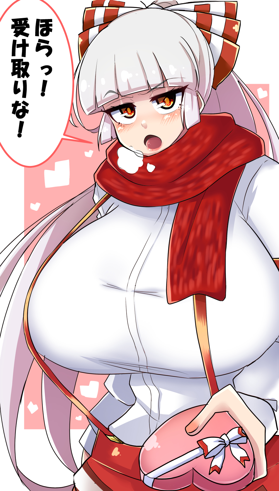 1girls big_breasts blush breasts clothed_female fujiwara_no_mokou gift japanese_text light-skinned_female long_hair norori open_mouth orange_eyes portrait scarf talking_to_viewer text_bubble touhou valentine valentine's_day white_background