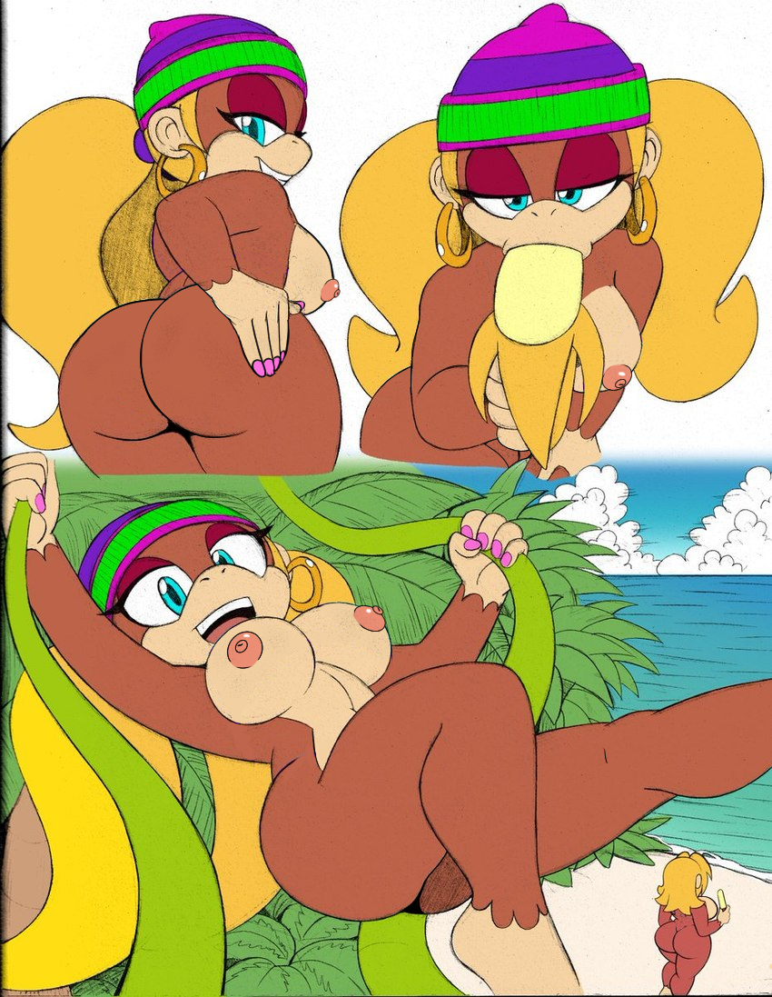 anthro ape ass banana beach big_breasts big_butt breasts candy_kong clothing cloud donkey_kong_(series) editokur999 eyelashes female female_focus female_only flat_colors food fruit haplorhine hat headgear headwear jewelry mammal monkey_girl nintendo nipples nude omegasunburst painted_nails plant primate seaside simple_background smile solo thick_thighs third-party_edit tiny_kong vines