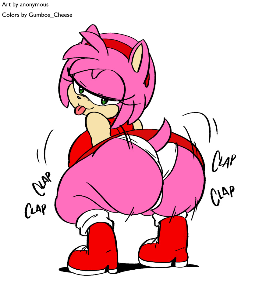 amy rose, anthro, ass, ass clapping, big ass, big butt, blep, blush, clothed, clothing, crouching, edit, eulipotyphlan, female, footwear, green eyes, hedgehog, hi res, huge ass, huge butt, joaoppereiraus, looking at viewer, looking back, mammal, motion lines, onomatopoeia, panties, rear view, sega, shaking ass, shaking butt, simple background, solo, sonic (series), sonic the hedgehog (series), sound effects, text, tongue, tongue out, twerking, underwear, white panties