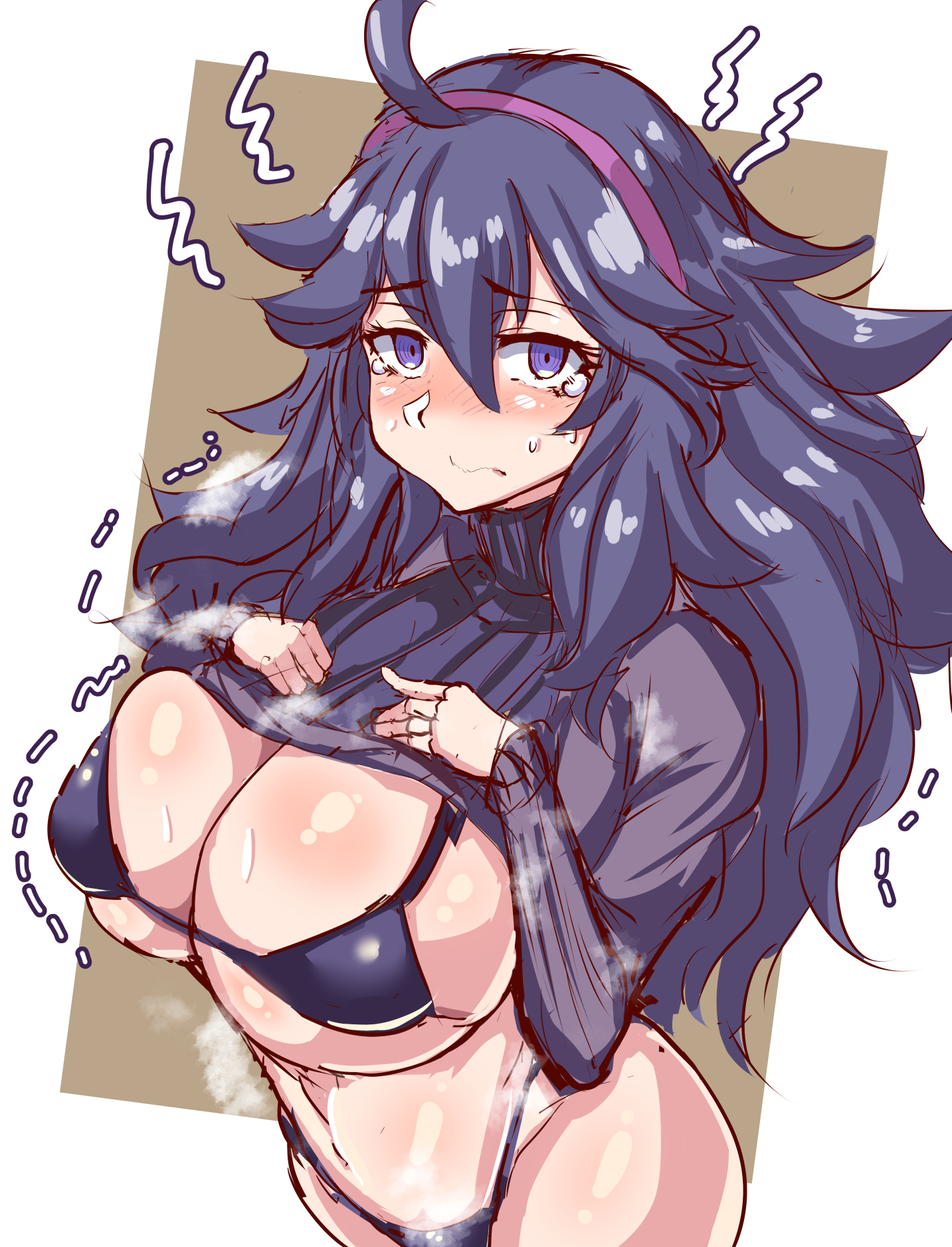1girls, about to burst, ahoge, alternate breast size, alternate outfit, barely contained, barely contained breasts, barely fits, bikini, bikini under clothes, blush, breasts, breasts too big, bursting breasts, cleavage, clothed, embarrassed, eye contact, female, heavy breathing, hex maniac, huge breasts, human, imminent wardrobe malfunction, long hair, looking at viewer, messy hair, motion lines, nintendo, pokemon, pokemon xy, purple eyes, purple hair, rururu82010664, shirt lift, shy, sideboob, smell, solo, straining clothing, sweat, tears, thick thighs, tight bikini, tight fit, tight swimsuit, tight swimwear, too tight, trembling, underboob, undersized clothes, undersized clothing, wide hips
